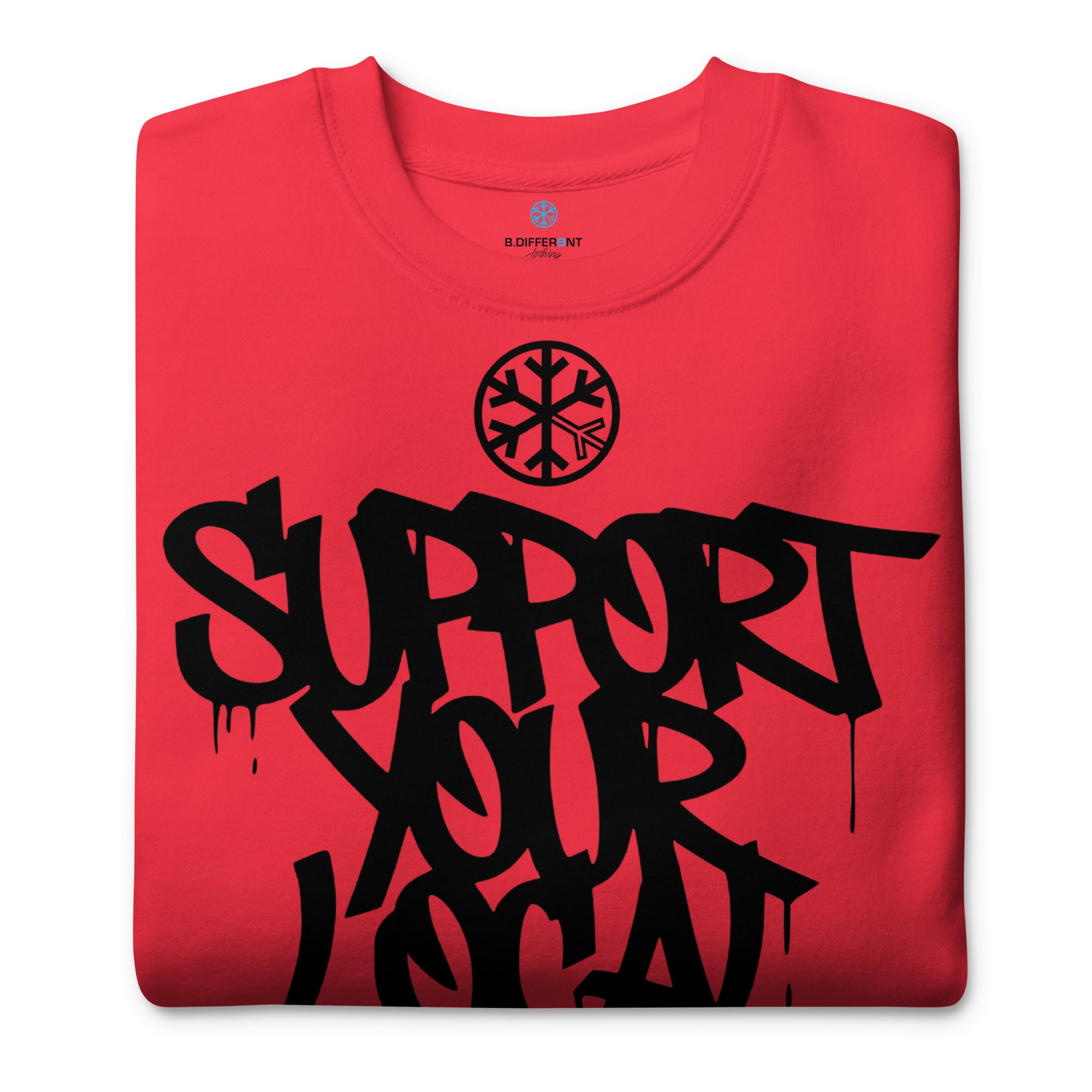 Red-Support Your Local Graffiti Artists Sweatshirt from B.Different Clothing, folded, graffiti-inspired streetwear