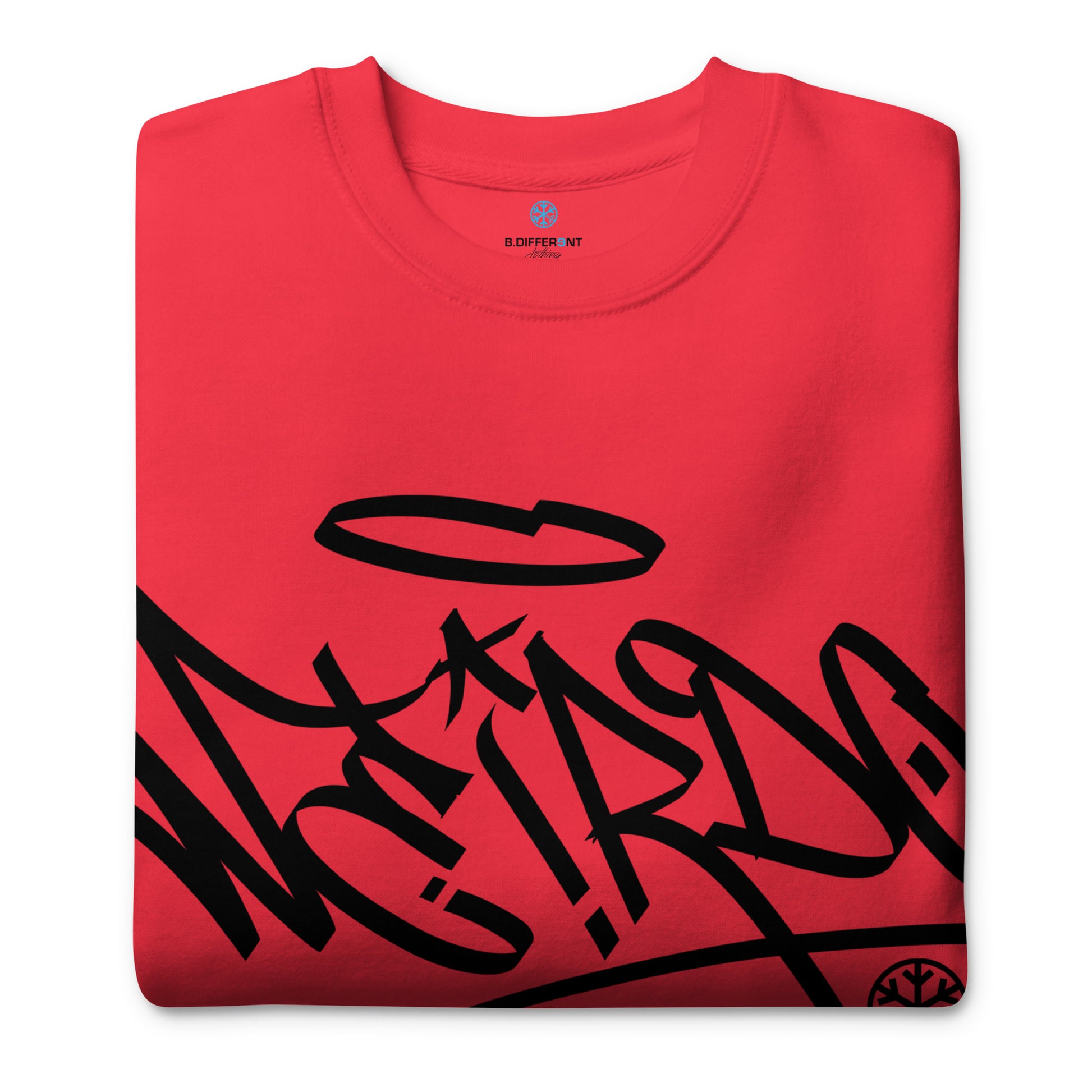 Red-Weirdo Tag Graffiti Sweatshirt from B.Different Clothing, folded, graffiti-inspired streetwear