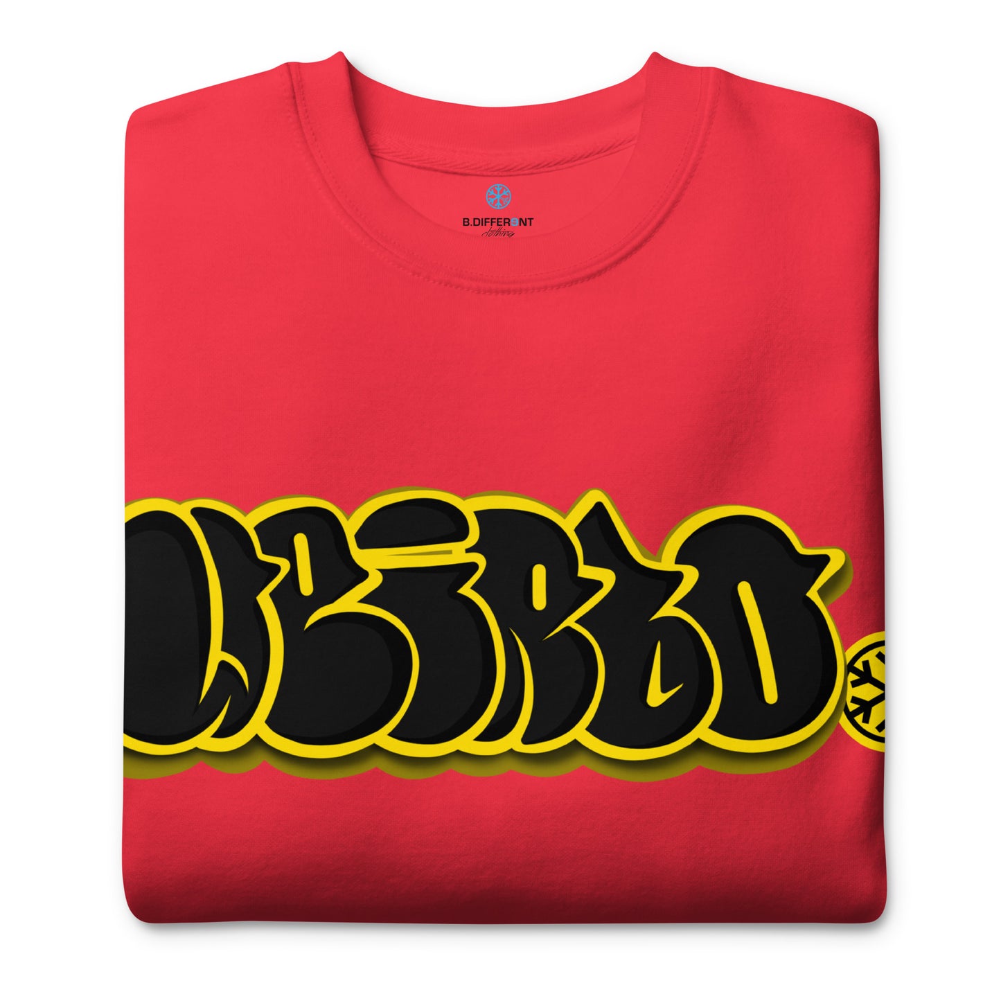 Red-Weirdo Graffiti Throwie Sweatshirt from B.Different Clothing, folded, graffiti-inspired streetwear