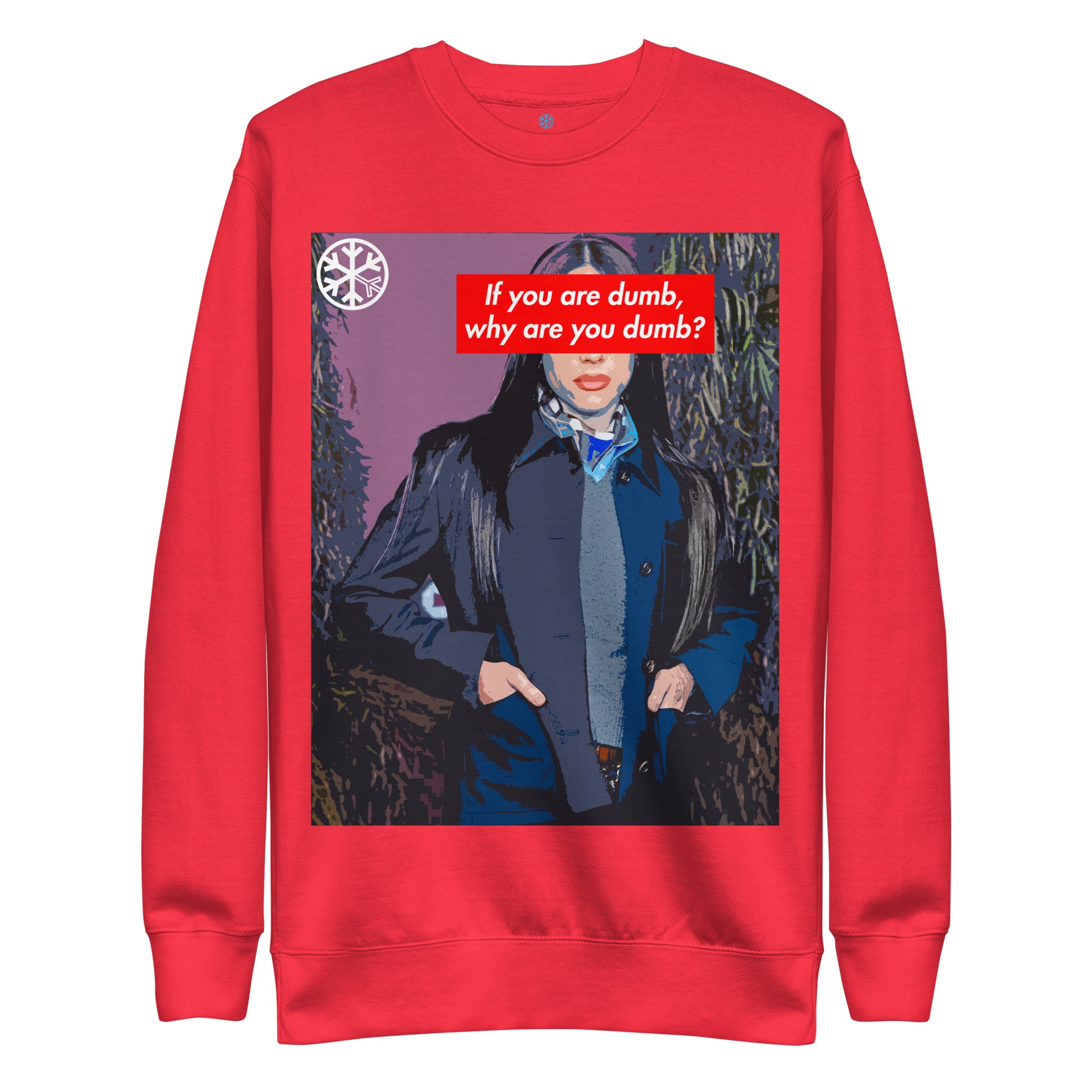 Red-Why Are You Dumb Sweatshirt from B.Different Clothing, front view, graffiti-inspired streetwear