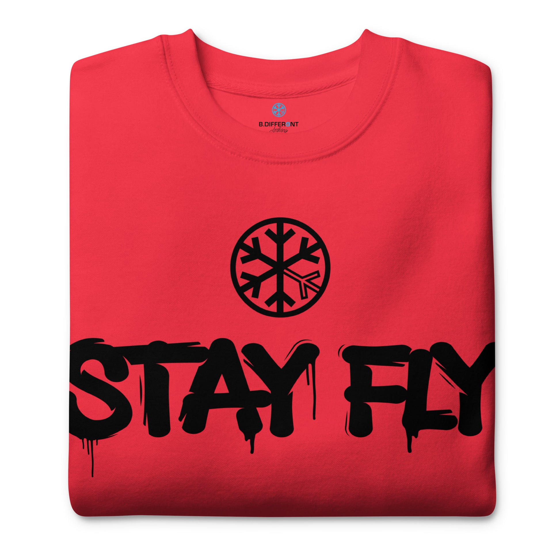 Red-Stay Fly Graffiti Tag Sweatshirt from B.Different Clothing, folded, graffiti-inspired streetwear