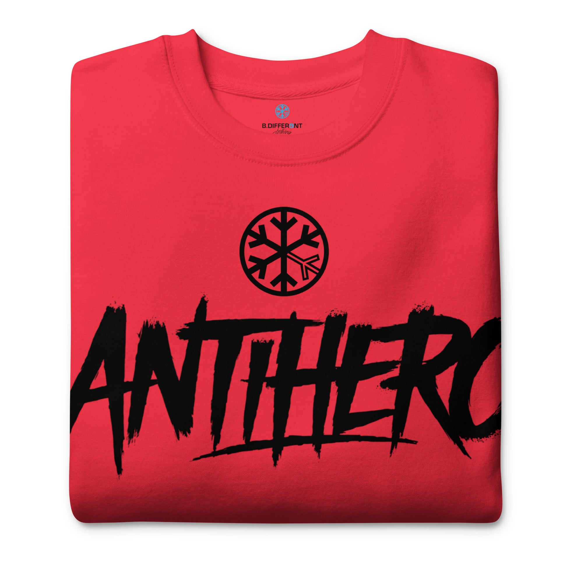 Red-Antihero Graffiti Tag Sweatshirt from B.Different Clothing, folded, graffiti-inspired streetwear