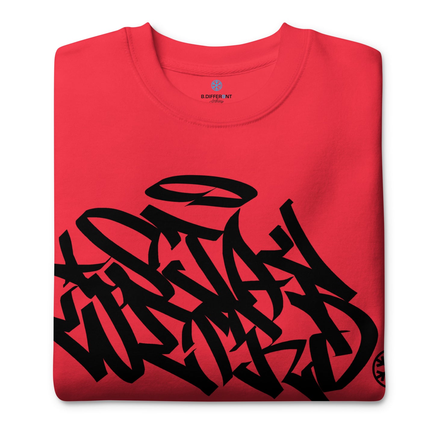 Red-Stay Weird Graffiti Tag Sweatshirt from B.Different Clothing, folded, graffiti-inspired streetwear