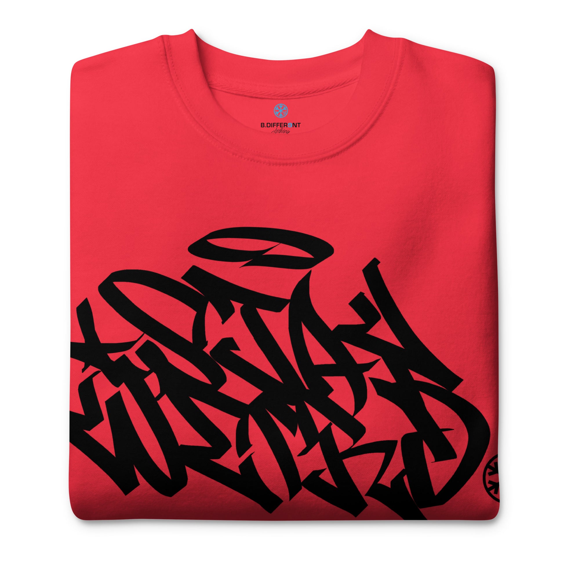 Red-Stay Weird Graffiti Tag Sweatshirt from B.Different Clothing, folded, graffiti-inspired streetwear