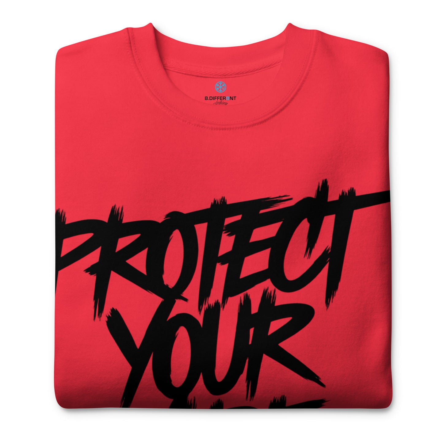 Red-Protect Your Vibe Graffiti Tag Sweatshirt from B.Different Clothing, folded, graffiti-inspired streetwear