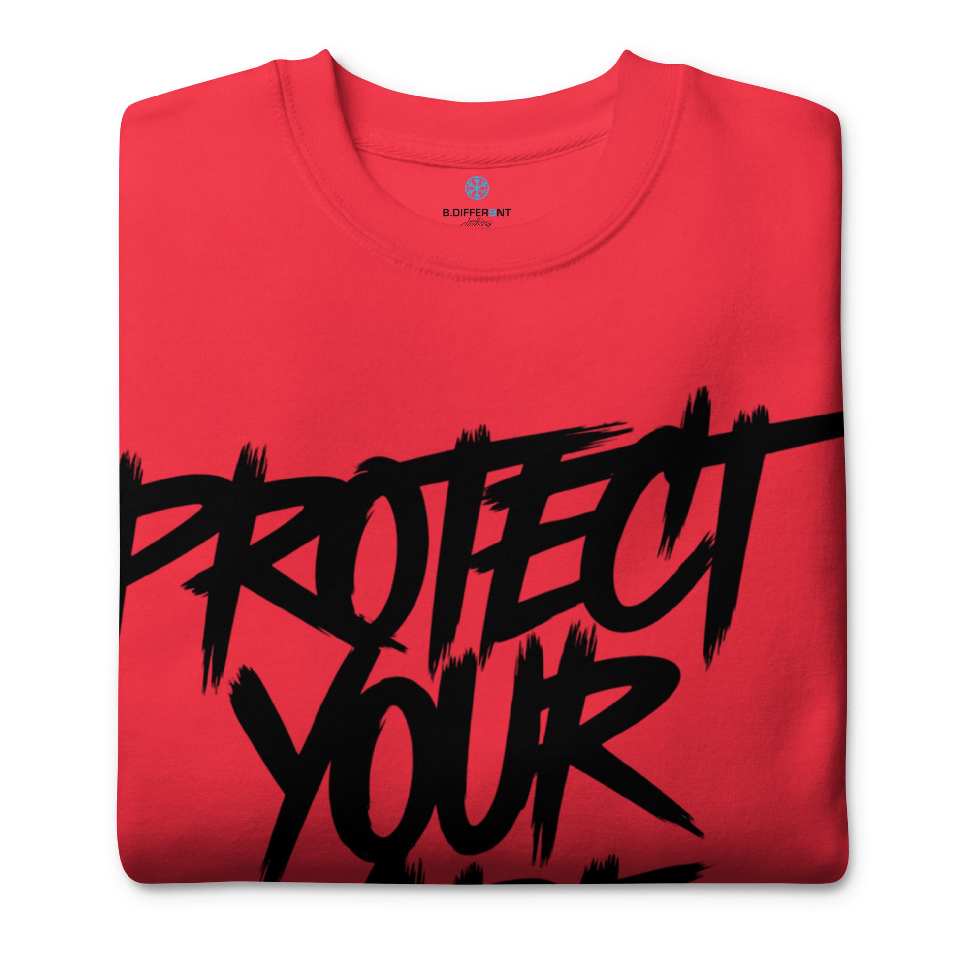 Red-Protect Your Vibe Graffiti Tag Sweatshirt from B.Different Clothing, folded, graffiti-inspired streetwear