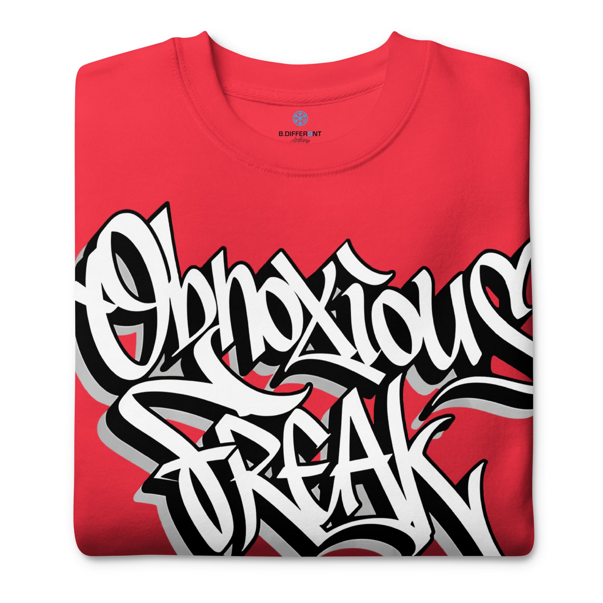 Red-Obnoxious Freak Graffiti Sweatshirt from B.Different Clothing, folded, graffiti-inspired streetwear