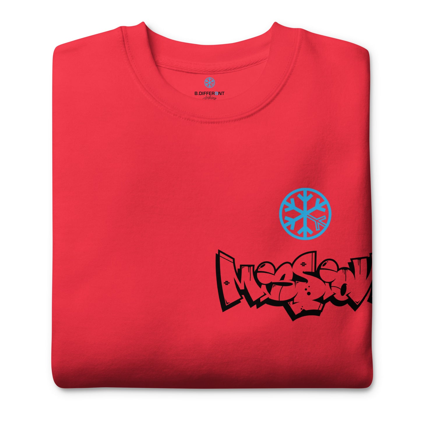 Red-Mission Graffiti Character Sweatshirt from B.Different Clothing, folded, graffiti-inspired streetwear