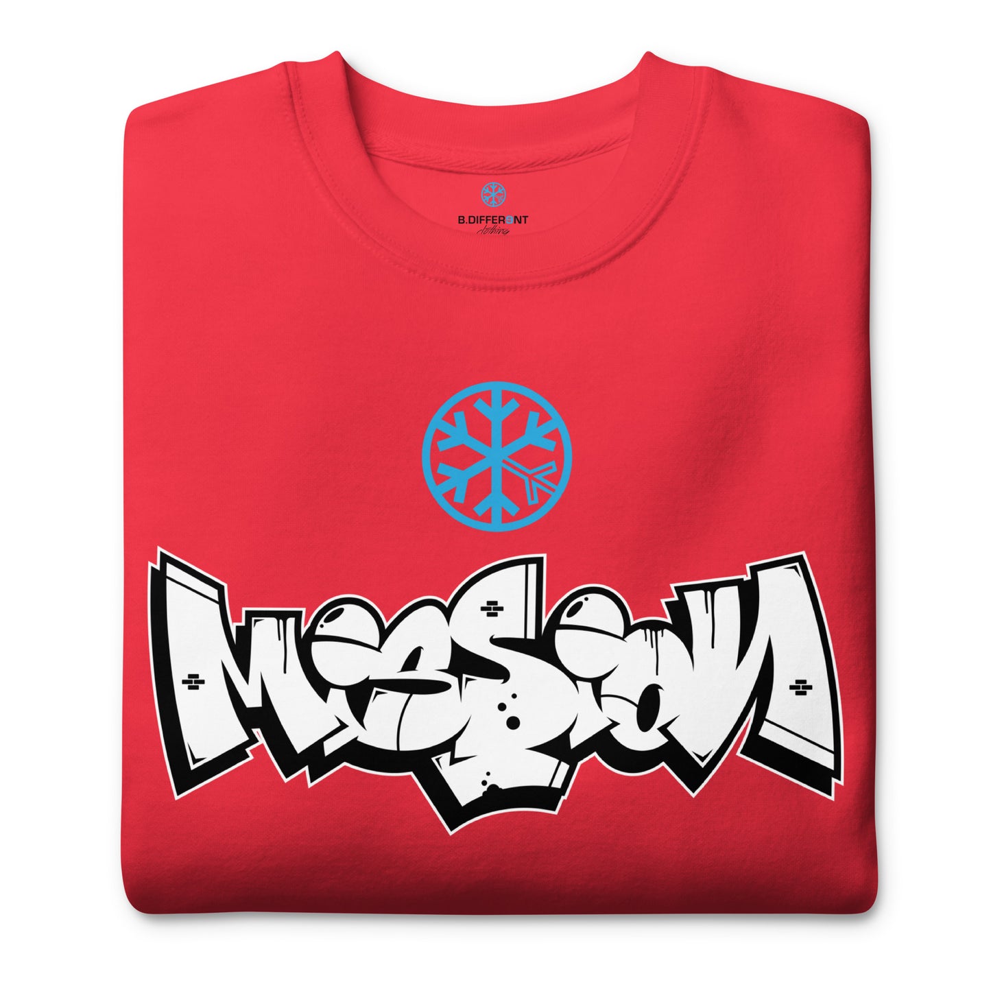 Red-Mission Graffiti Piece Sweatshirt from B.Different Clothing, folded, graffiti-inspired streetwear
