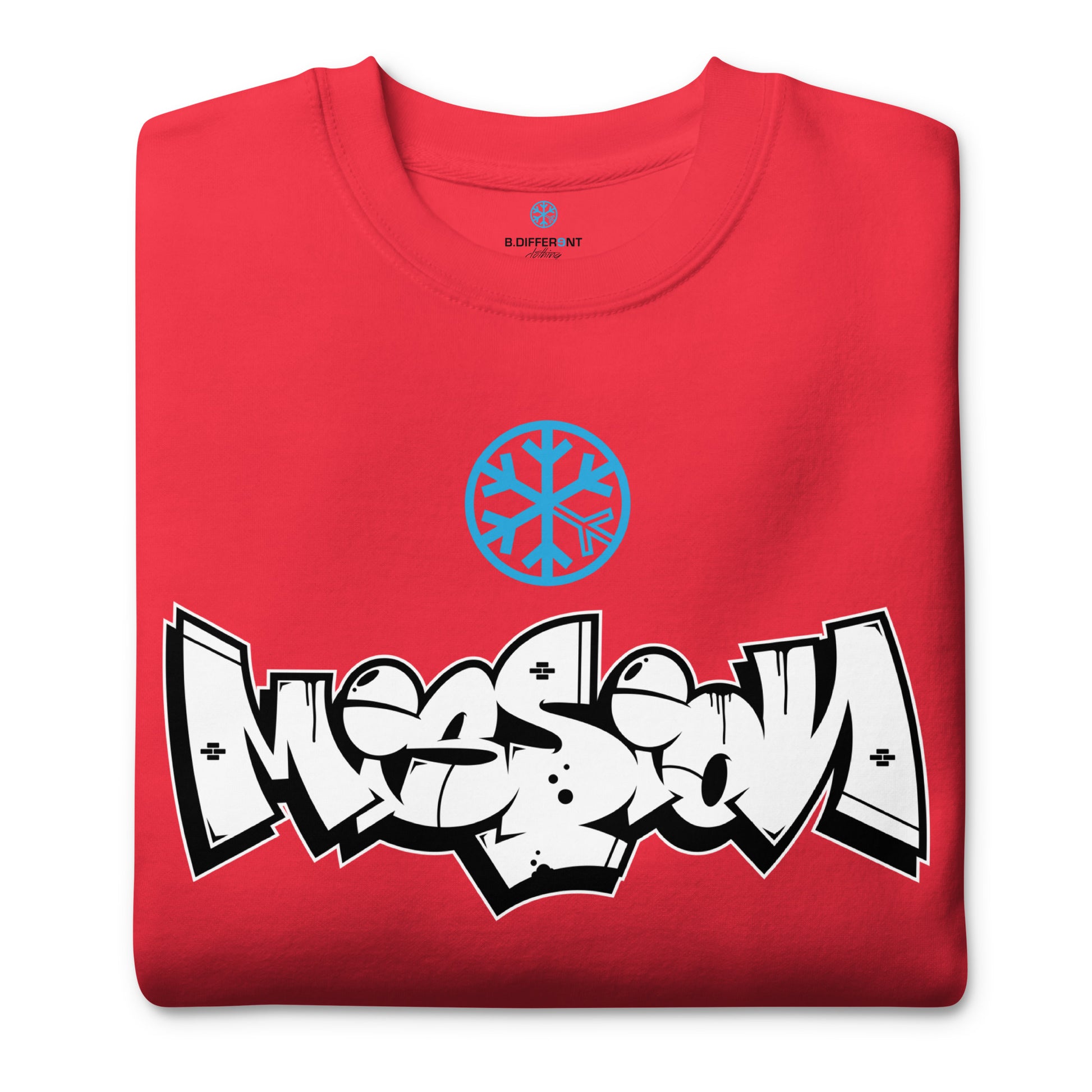Red-Mission Graffiti Piece Sweatshirt from B.Different Clothing, folded, graffiti-inspired streetwear