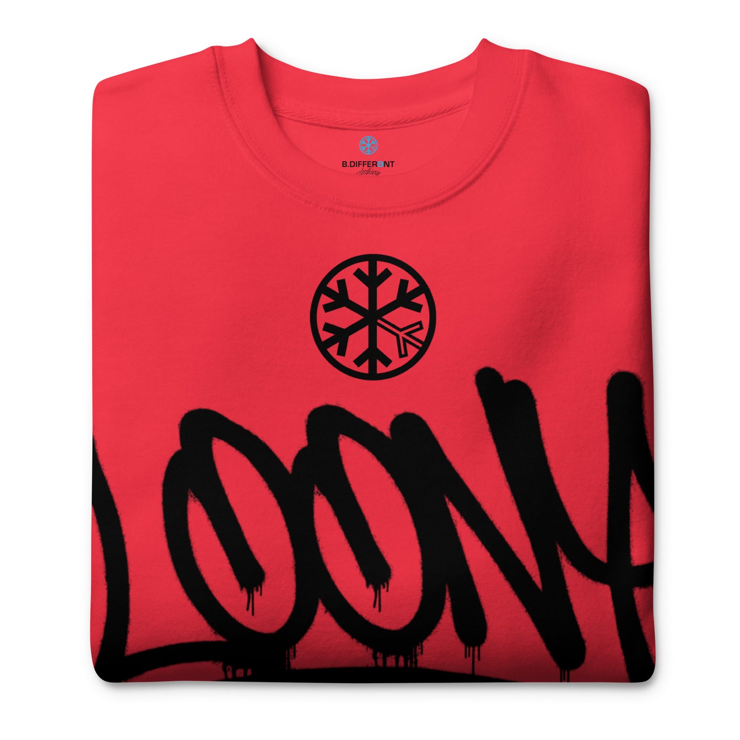 Red-Loony Graffiti Tag Sweatshirt from B.Different Clothing, folded, graffiti-inspired streetwear