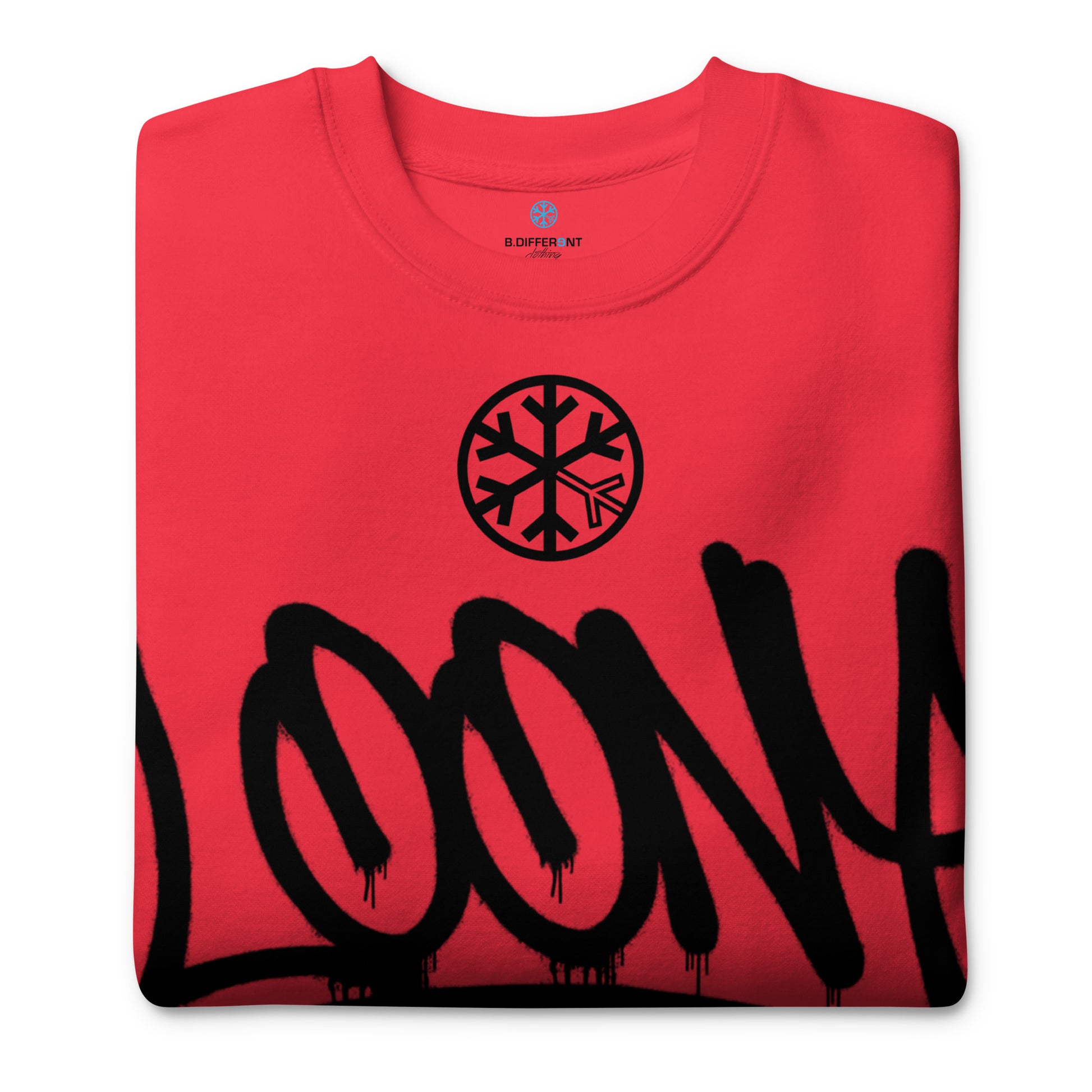 Red-Loony Graffiti Tag Sweatshirt from B.Different Clothing, folded, graffiti-inspired streetwear
