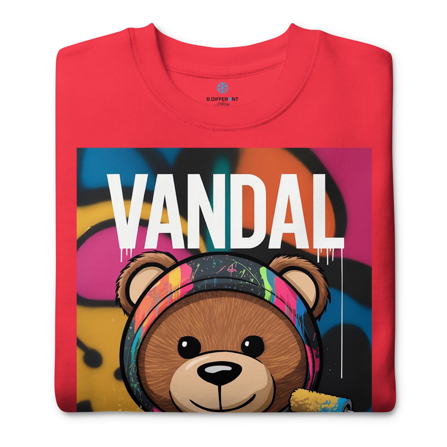 Red-Vandal Teddy Bear Graffiti Sweatshirt from B.Different Clothing, folded, graffiti-inspired streetwear