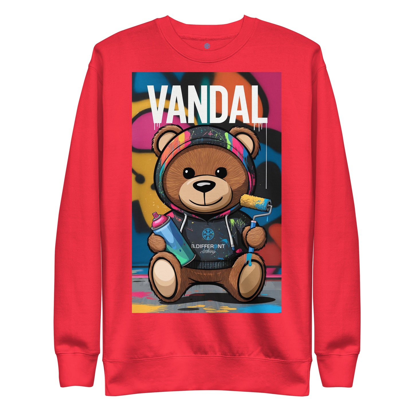 Red-Vandal Teddy Bear Graffiti Sweatshirt from B.Different Clothing, front view, graffiti-inspired streetwear