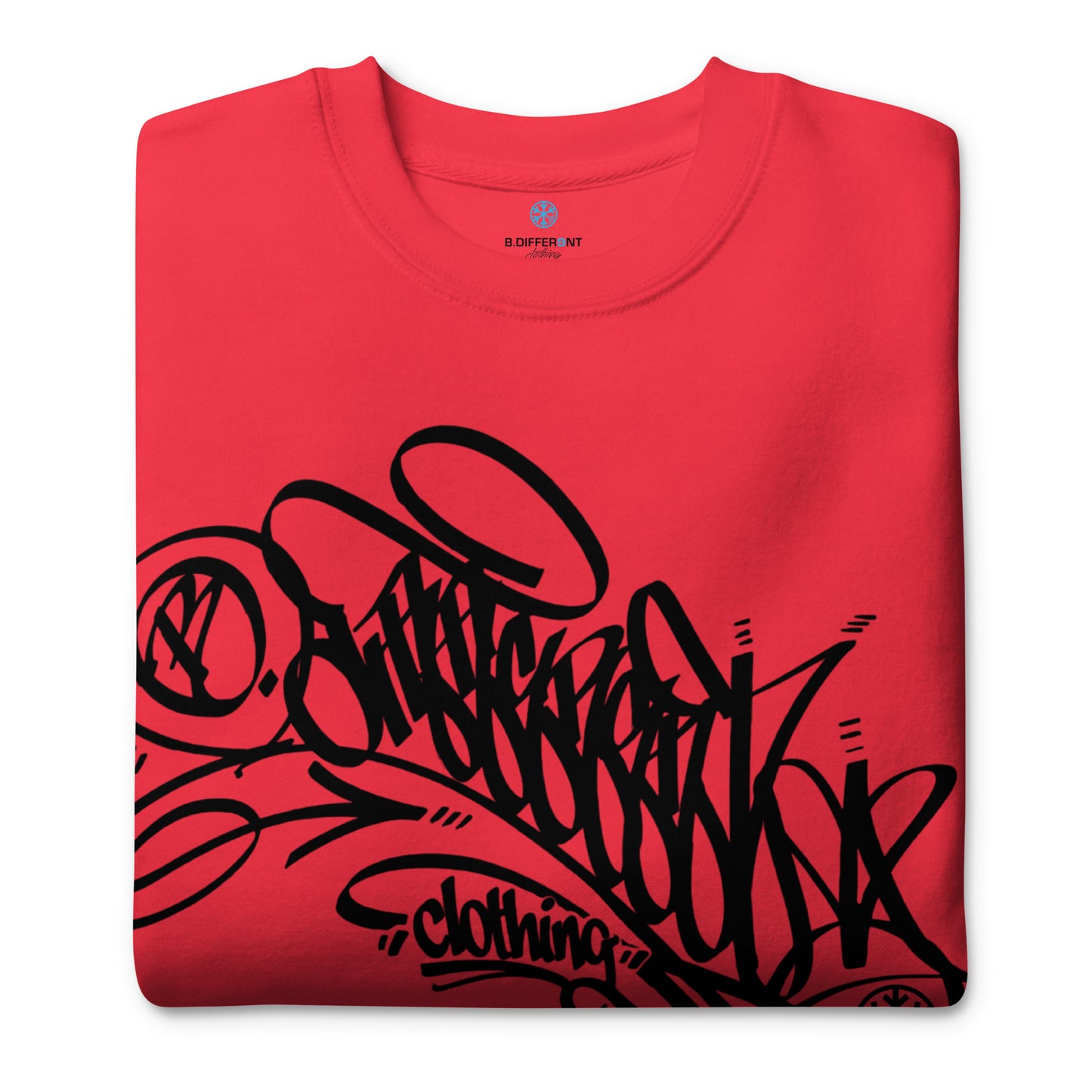 Red-B.Different Clothing Graffiti Tag Sweatshirt from B.Different Clothing, folded, graffiti-inspired streetwear