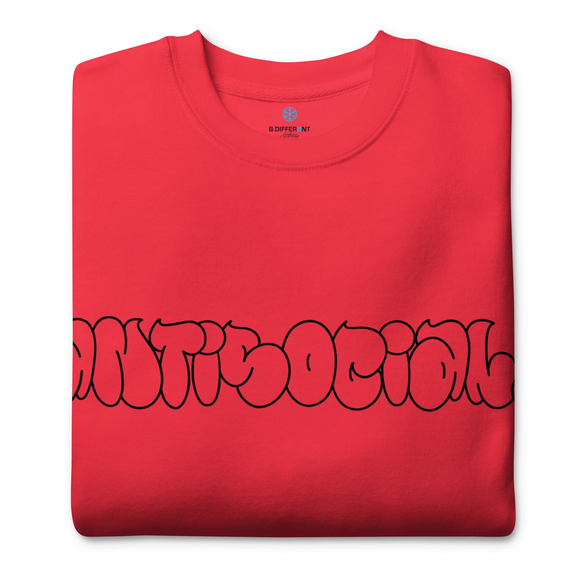 Red-Antisocial Graffiti Hollow Sweatshirt from B.Different Clothing, folded, graffiti-inspired streetwear