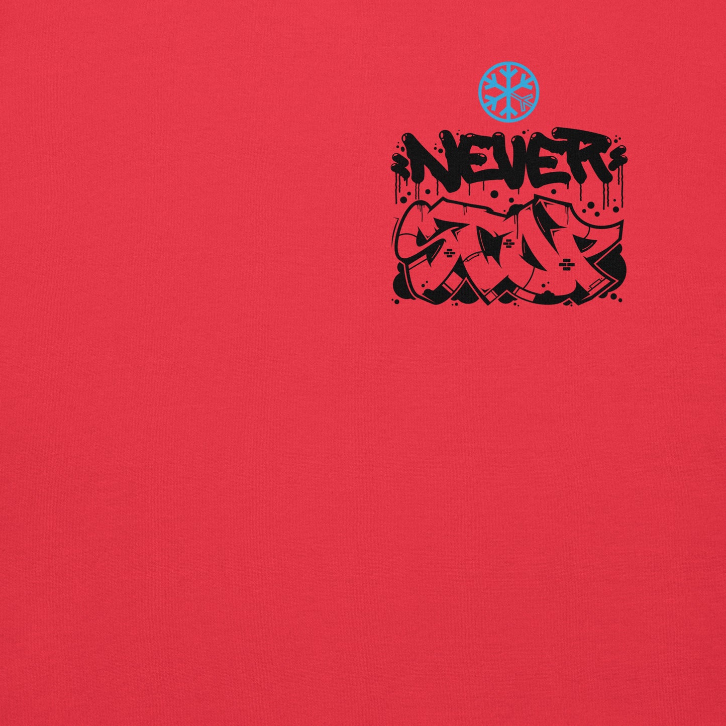 Red-Never Stop Graffiti Character Sweatshirt from B.Different Clothing, front graphic, graffiti-inspired streetwear