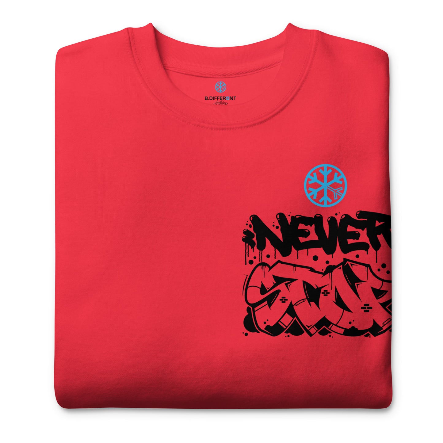 Red-Never Stop Graffiti Character Sweatshirt from B.Different Clothing, folded, graffiti-inspired streetwear