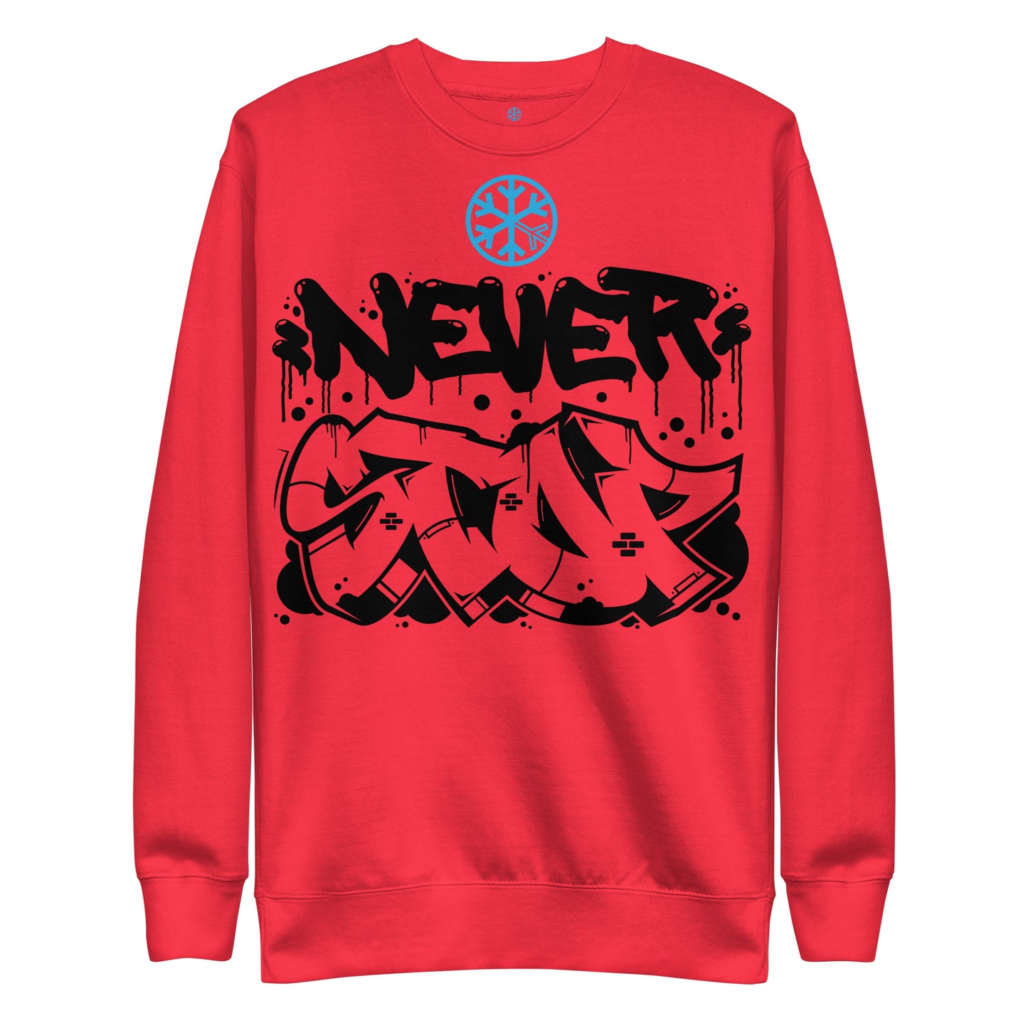 Red-Never Stop Graffiti Piece Sweatshirt from B.Different Clothing, front view, graffiti-inspired streetwear