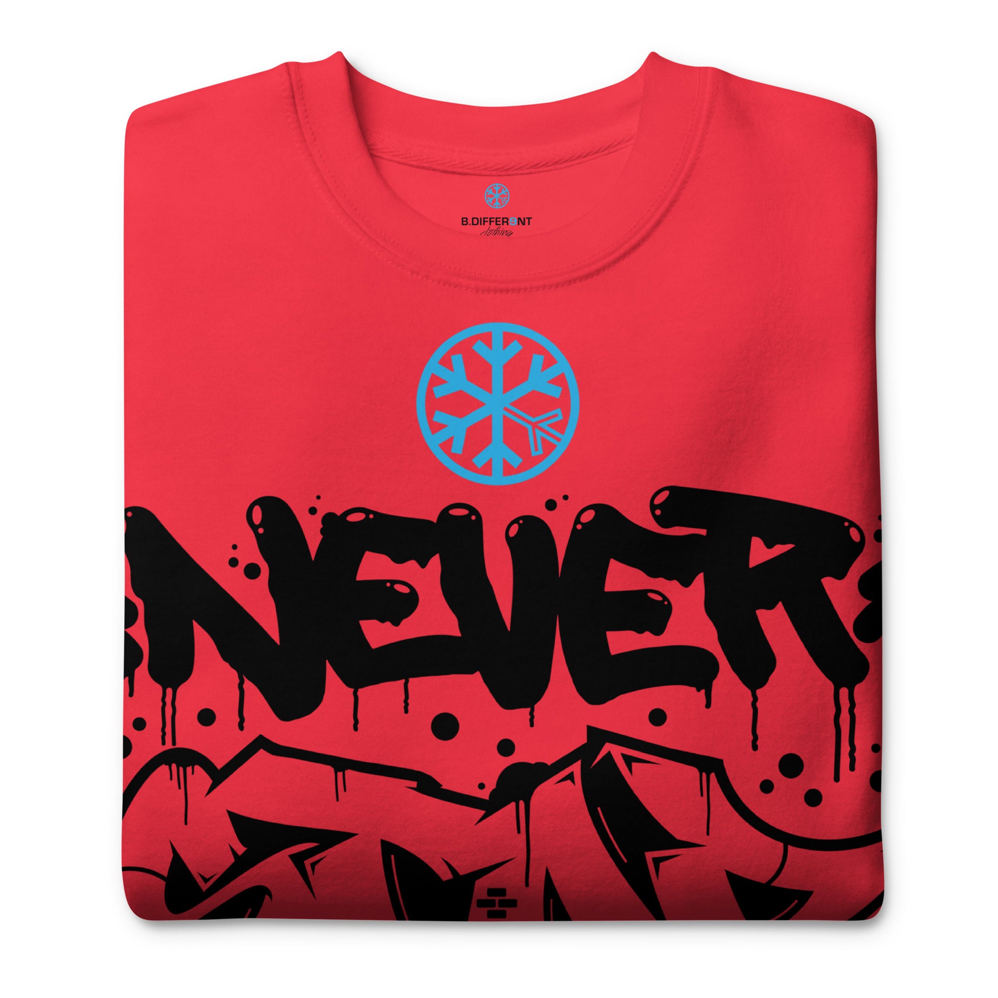 Red-Never Stop Graffiti Piece Sweatshirt from B.Different Clothing, folded, graffiti-inspired streetwear