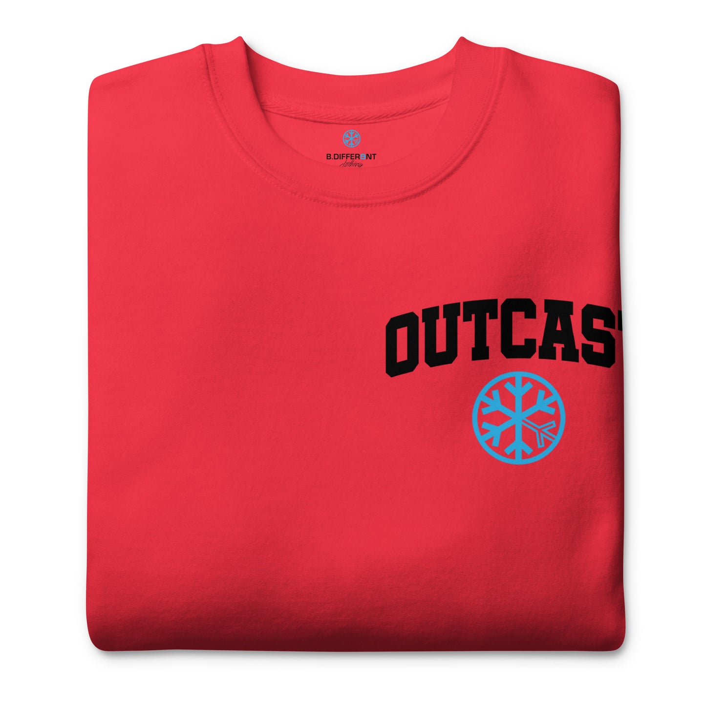 Red-Outcast Graffiti Character Sweatshirt from B.Different Clothing, folded, graffiti-inspired streetwear