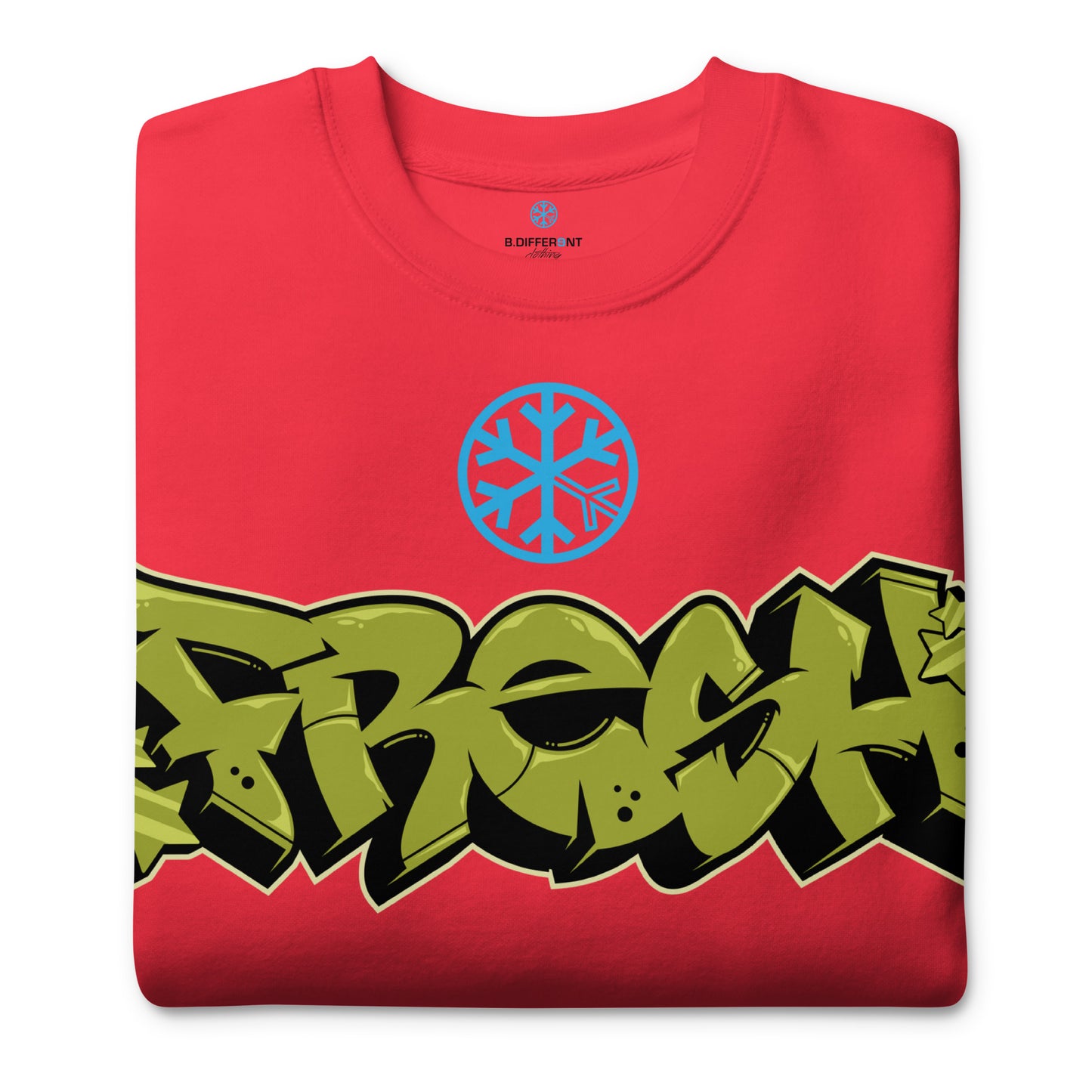 Red-Fresh Graffiti Piece Sweatshirt from B.Different Clothing, folded, graffiti-inspired streetwear
