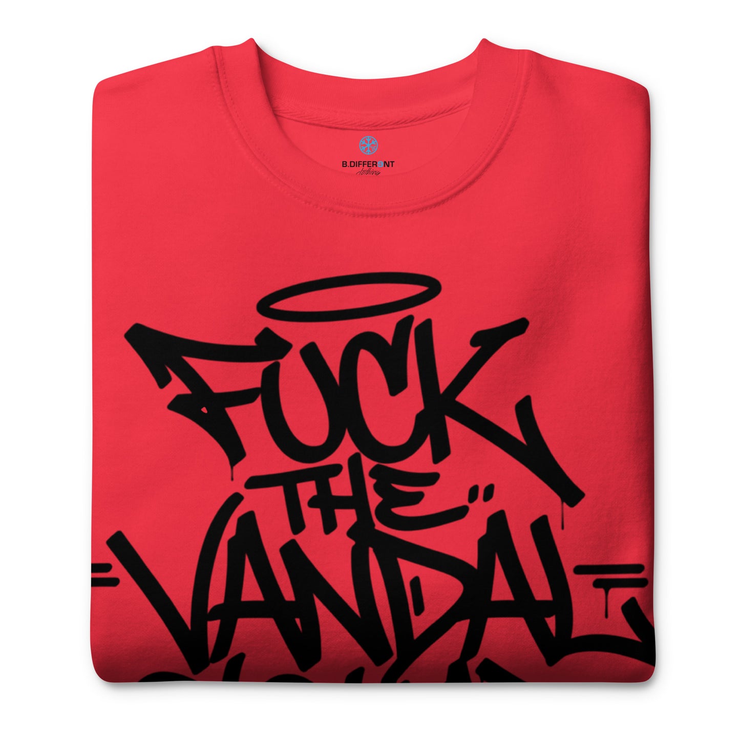 Red-Fuck The Vandal Squad Graffiti Sweatshirt from B.Different Clothing, folded, graffiti-inspired streetwear