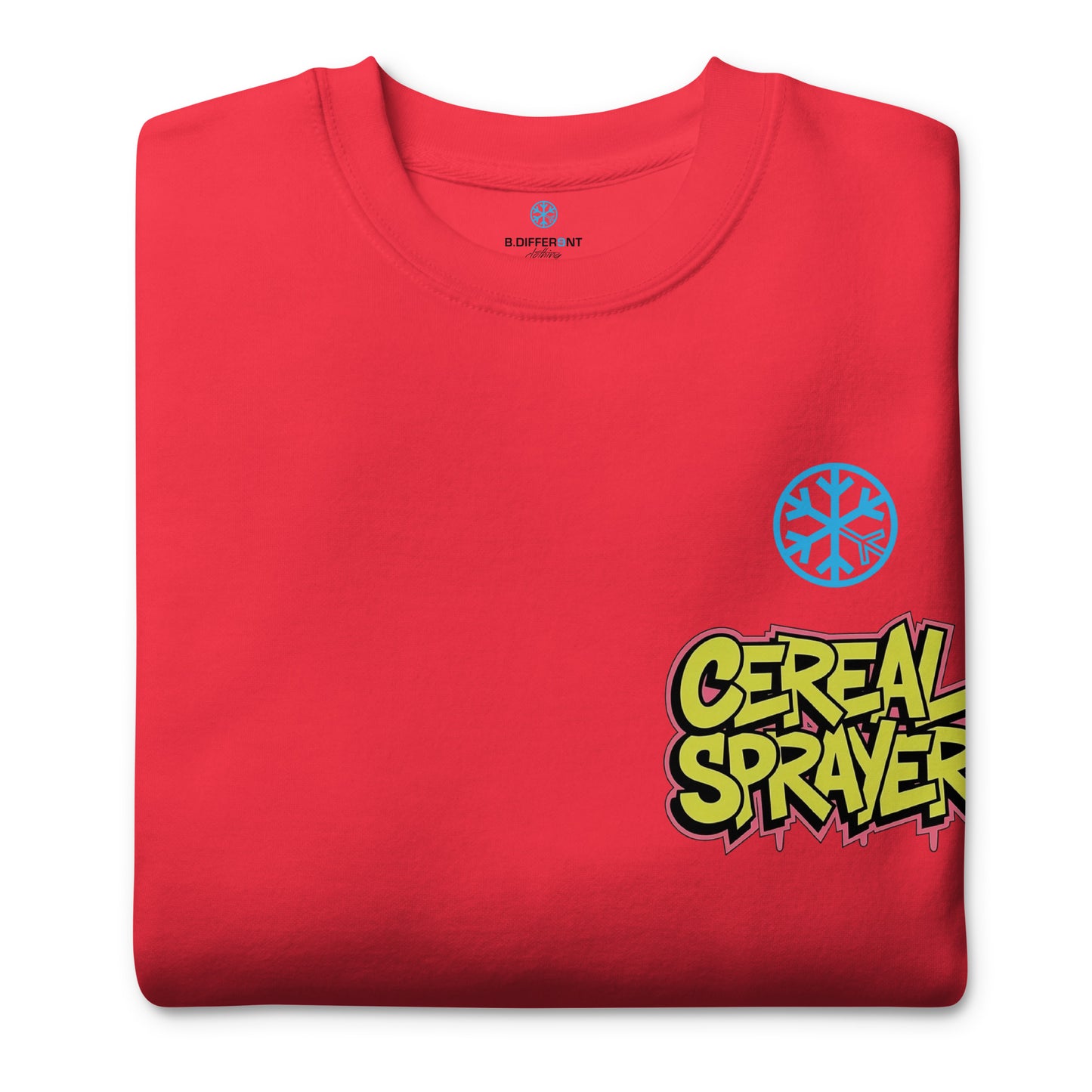 Red-Cereal Sprayer Graffiti Sweatshirt from B.Different Clothing, folded, graffiti-inspired streetwear