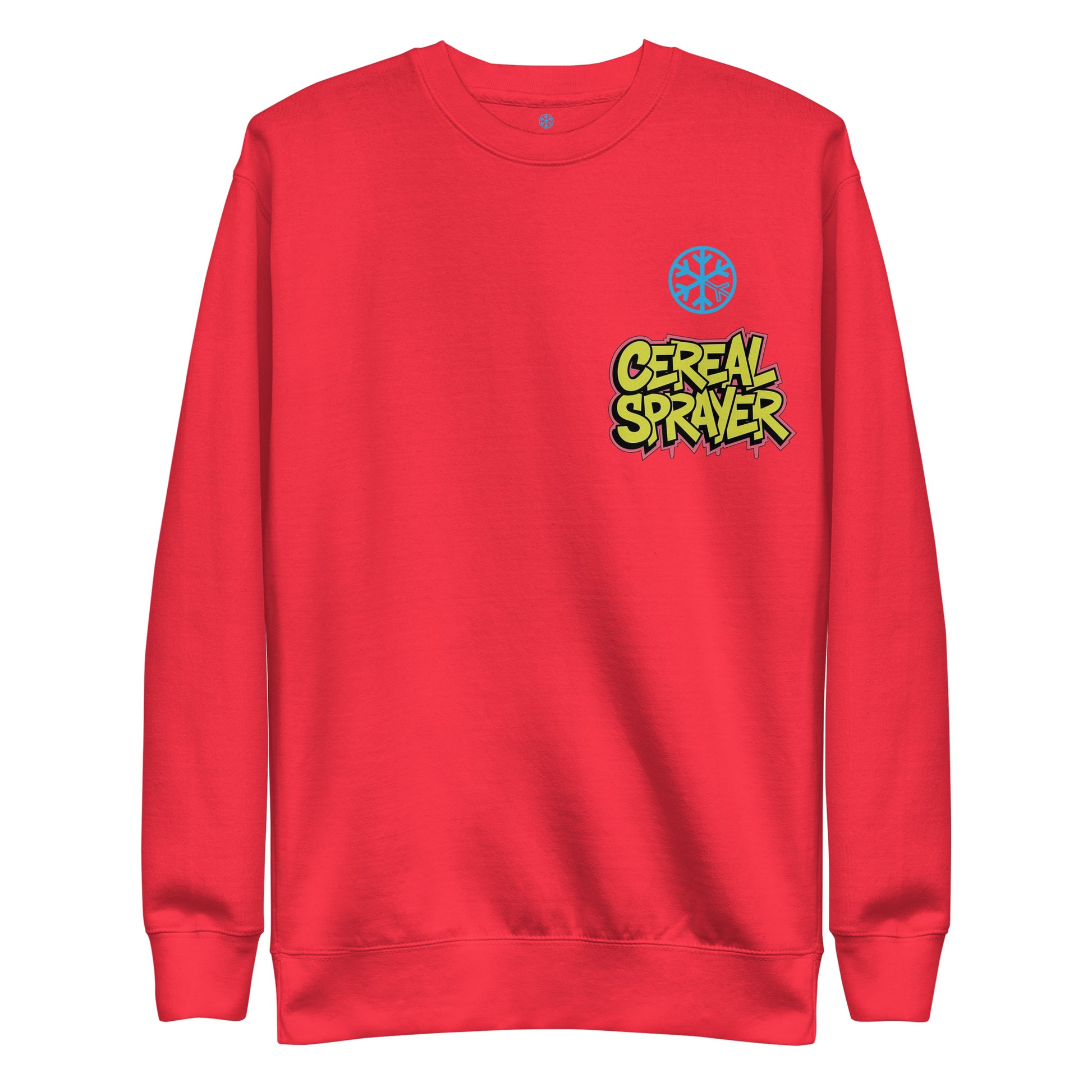 Red-Cereal Sprayer Graffiti Sweatshirt from B.Different Clothing, front view, graffiti-inspired streetwear