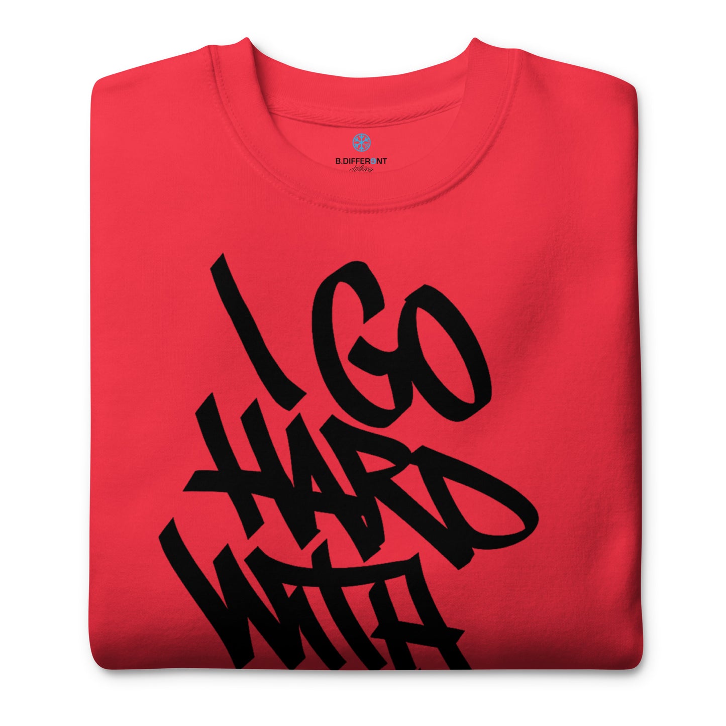 Red-I Go Hard With My Paint Graffiti Sweatshirt from B.Different Clothing, folded, graffiti-inspired streetwear