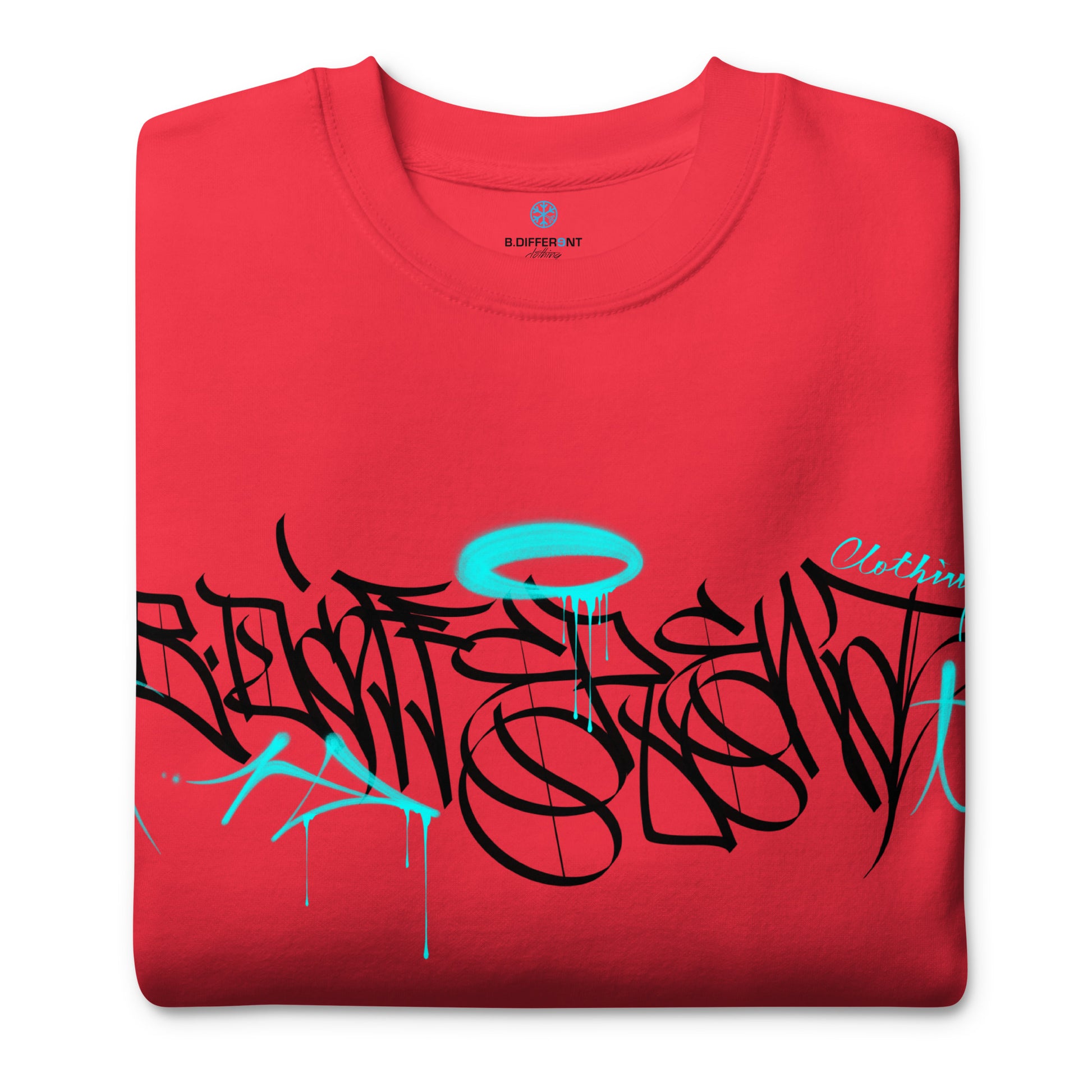 Red-Caos One Collab Graffiti Sweatshirt from B.Different Clothing, folded, graffiti-inspired streetwear