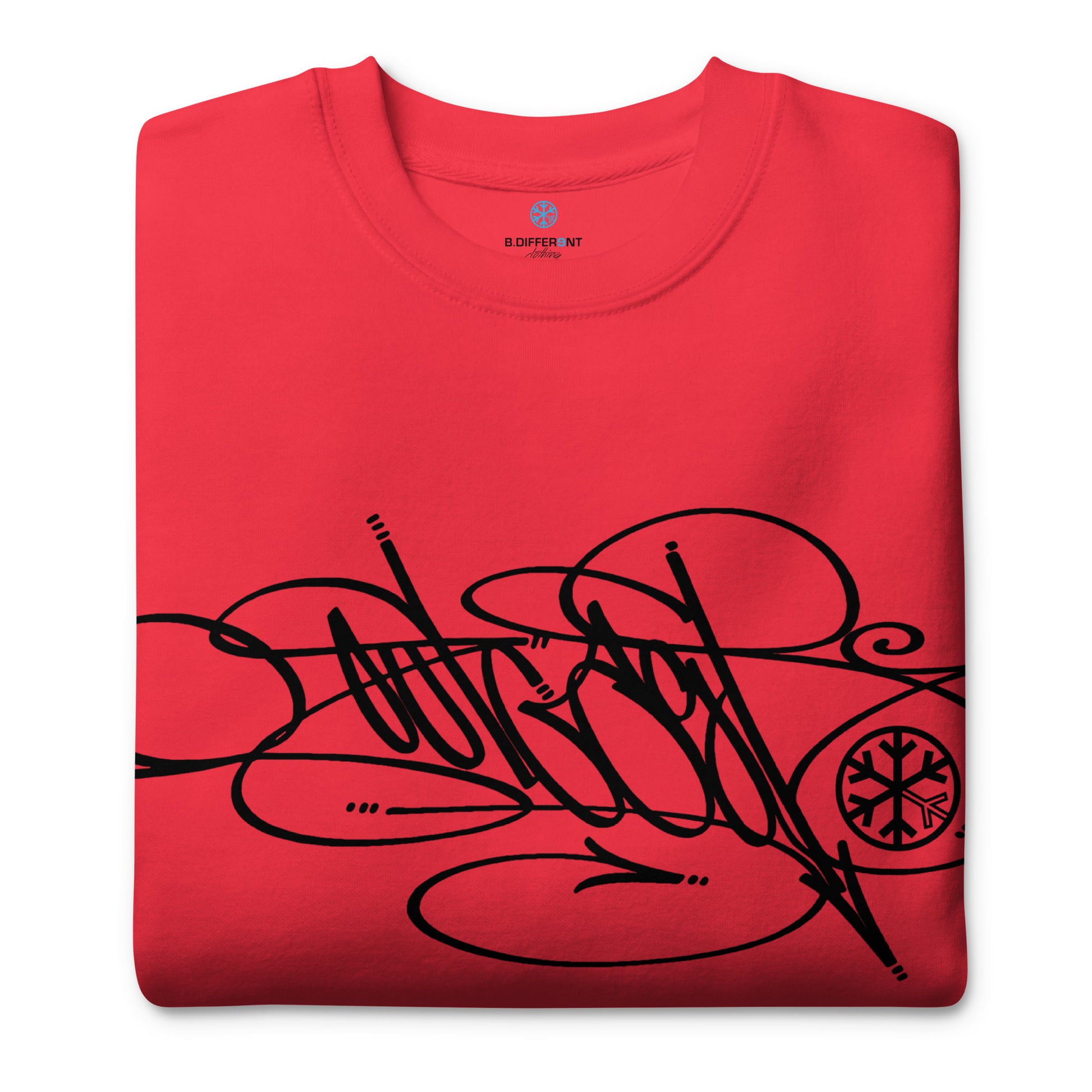 Red-Outcast Tag Sweatshirt by Graffiti Dad from B.Different Clothing, folded, graffiti-inspired streetwear