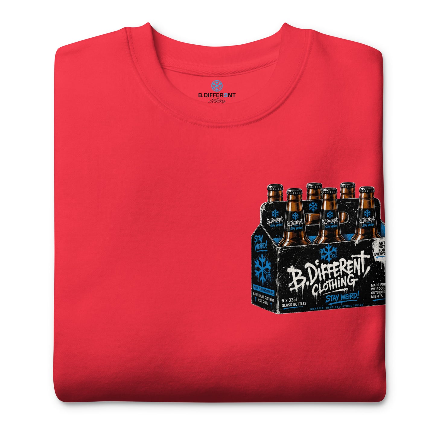 Red-Six Pack Beer Graffiti Sweatshirt from B.Different Clothing, folded, graffiti-inspired streetwear