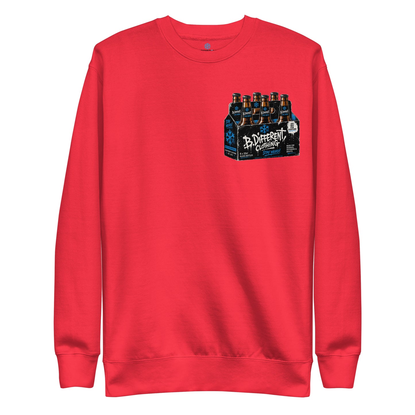 Red-Six Pack Beer Graffiti Sweatshirt from B.Different Clothing, front view, graffiti-inspired streetwear