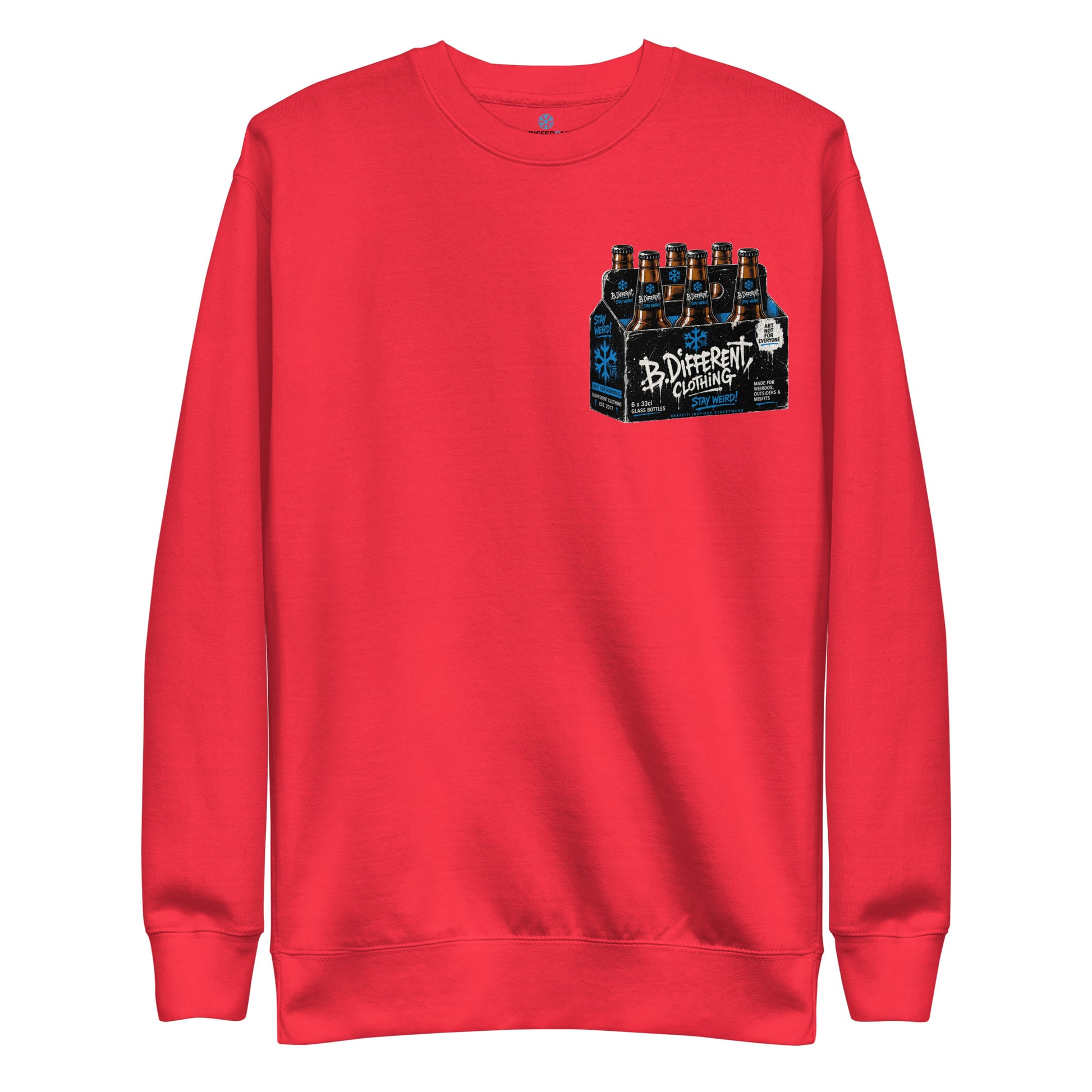 Red-Six Pack Beer Graffiti Sweatshirt from B.Different Clothing, front view, graffiti-inspired streetwear
