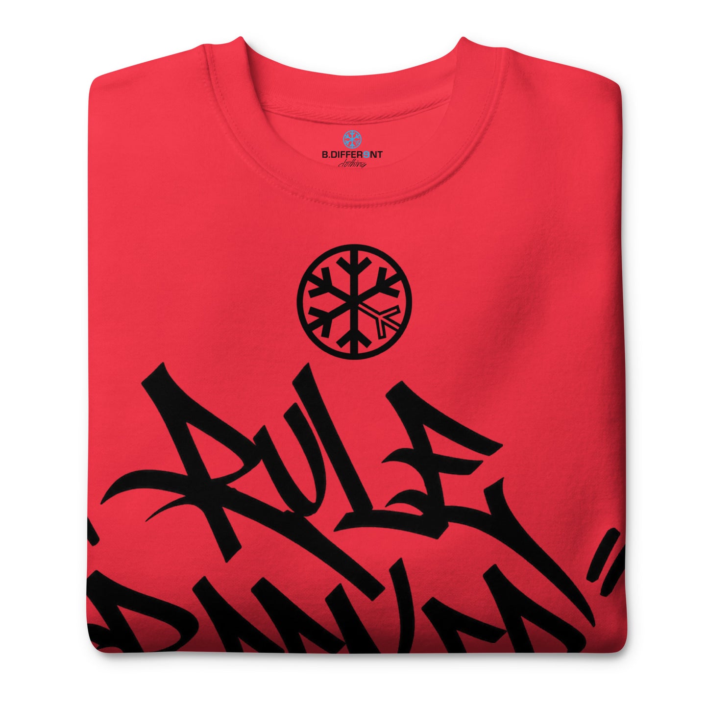 Team Red-Rule Breaker Graffiti Tag Sweatshirt from B.Different Clothing, folded, graffiti-inspired streetwear