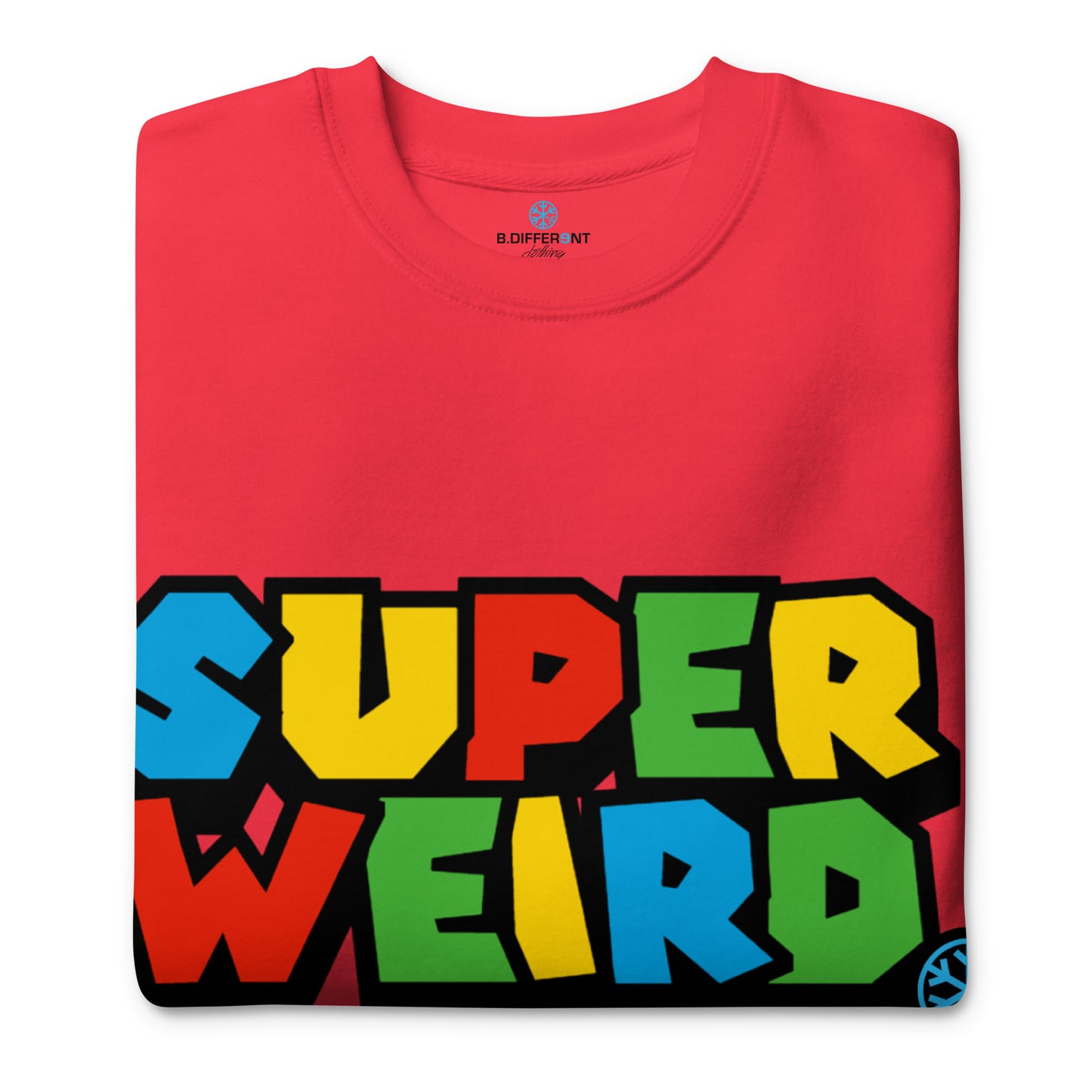 Team Red-Super Weird Bros Sweatshirt from B.Different Clothing, folded, graffiti-inspired streetwear