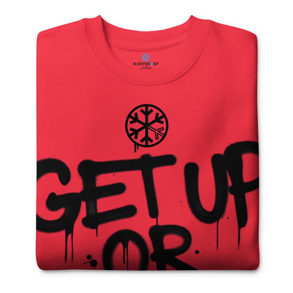 Team Red-Get Up or Die Graffiti Tag Sweatshirt from B.Different Clothing, folded, graffiti-inspired streetwear