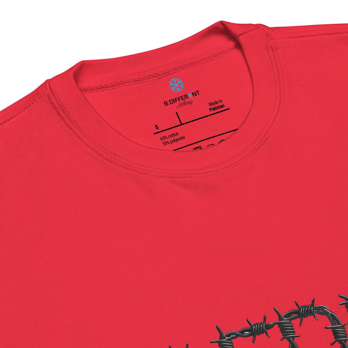 Red-B.DFRNT Barbed Wire Sweatshirt from B.Different Clothing, collar, graffiti-inspired streetwear