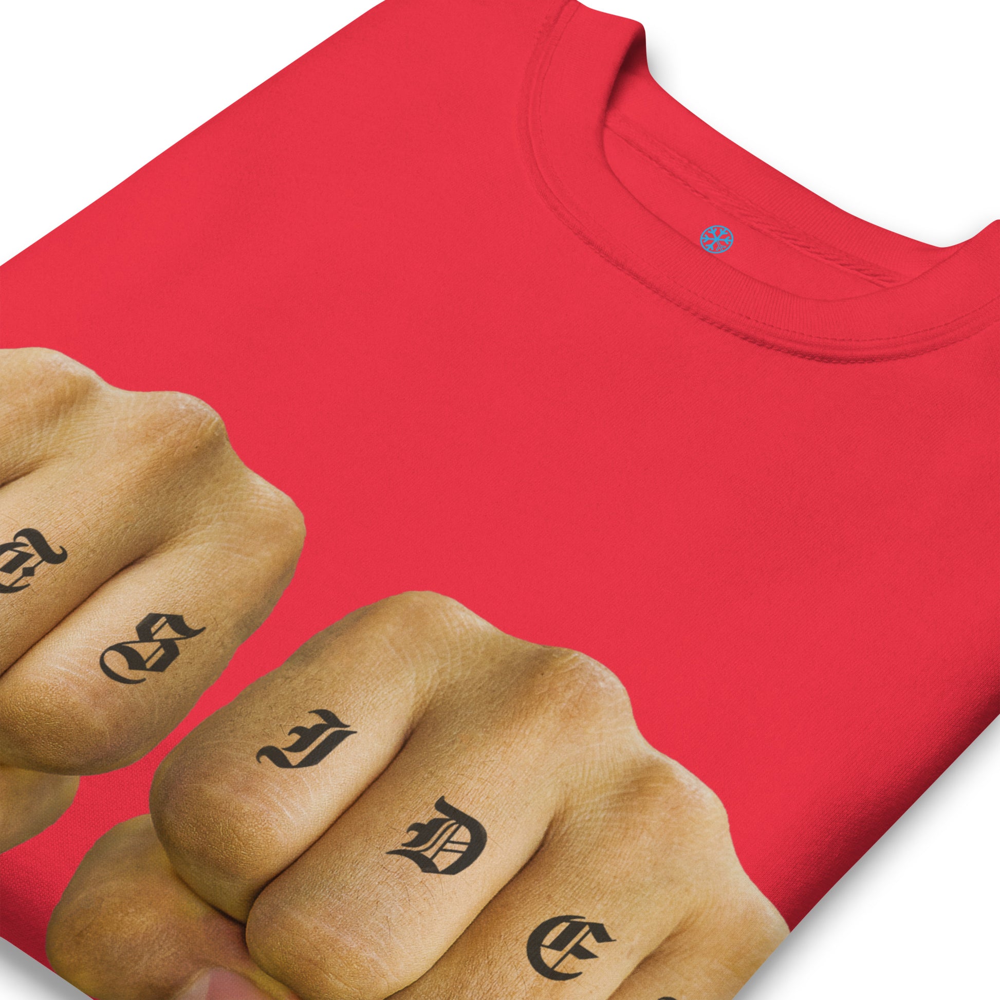 Red-Outsider Tattoo Sweatshirt from B.Different Clothing, detail, graffiti-inspired streetwear