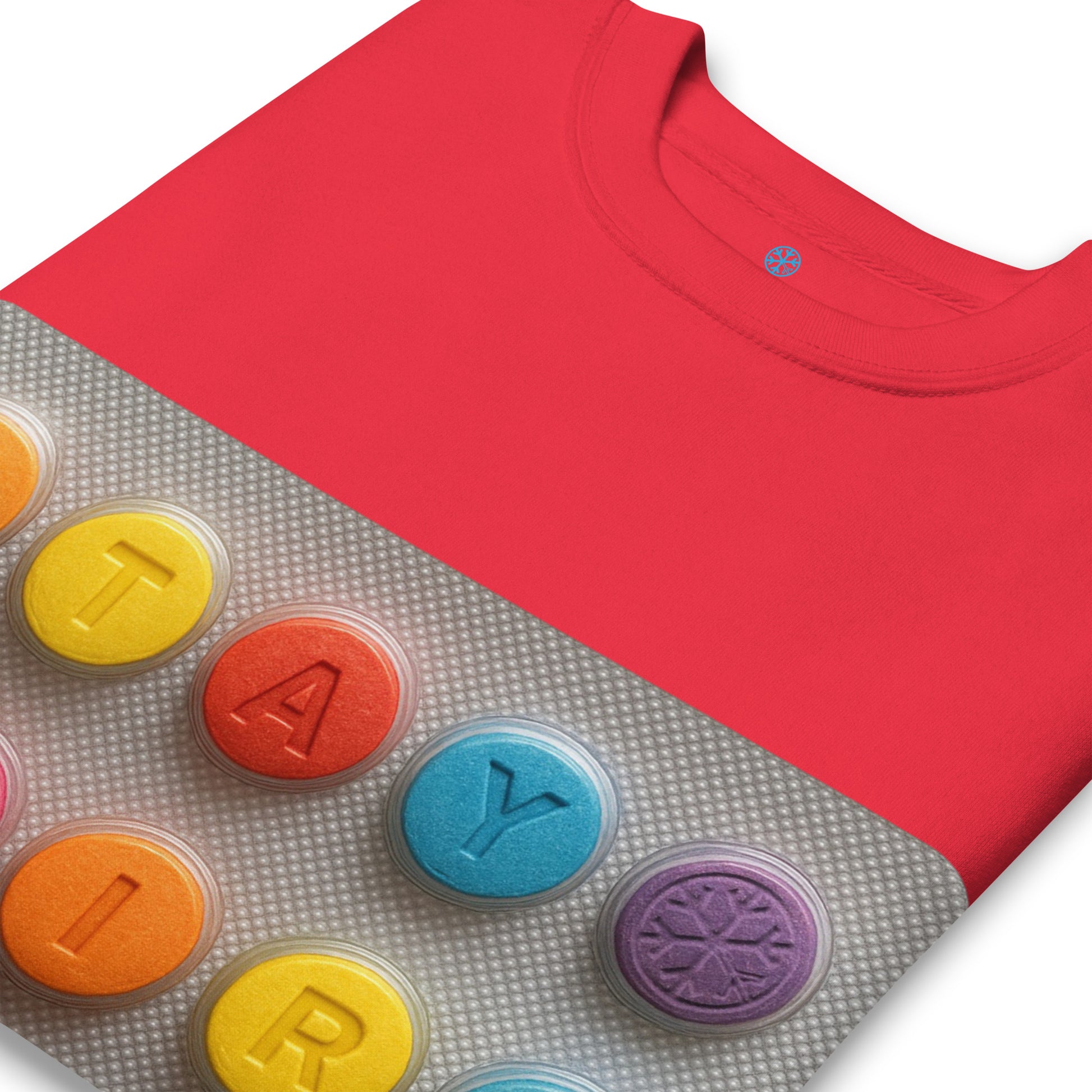 Red-Stay Weird Pills Sweatshirt from B.Different Clothing, detail, graffiti-inspired streetwear