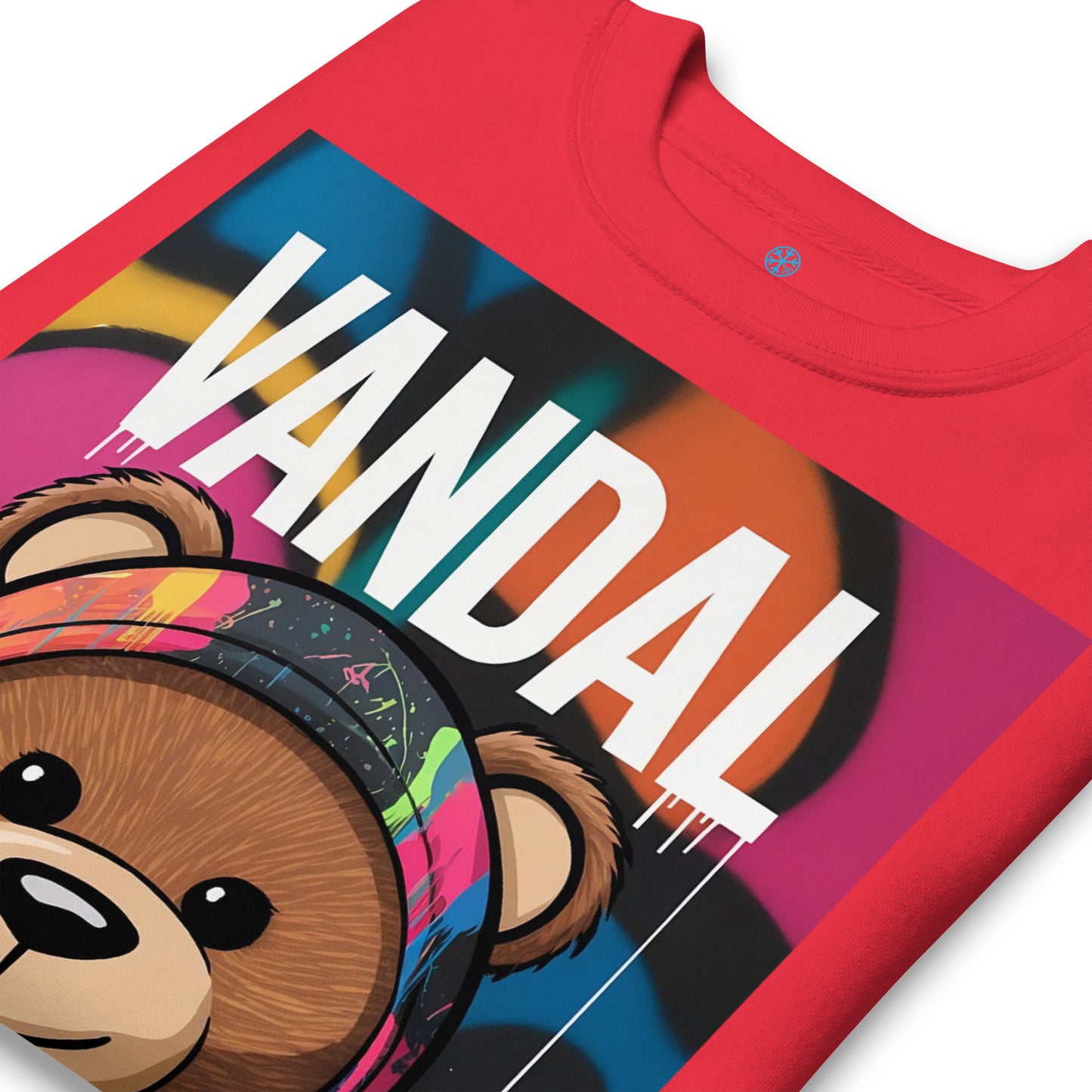 Red-Vandal Teddy Bear Graffiti Sweatshirt from B.Different Clothing, detail, graffiti-inspired streetwear
