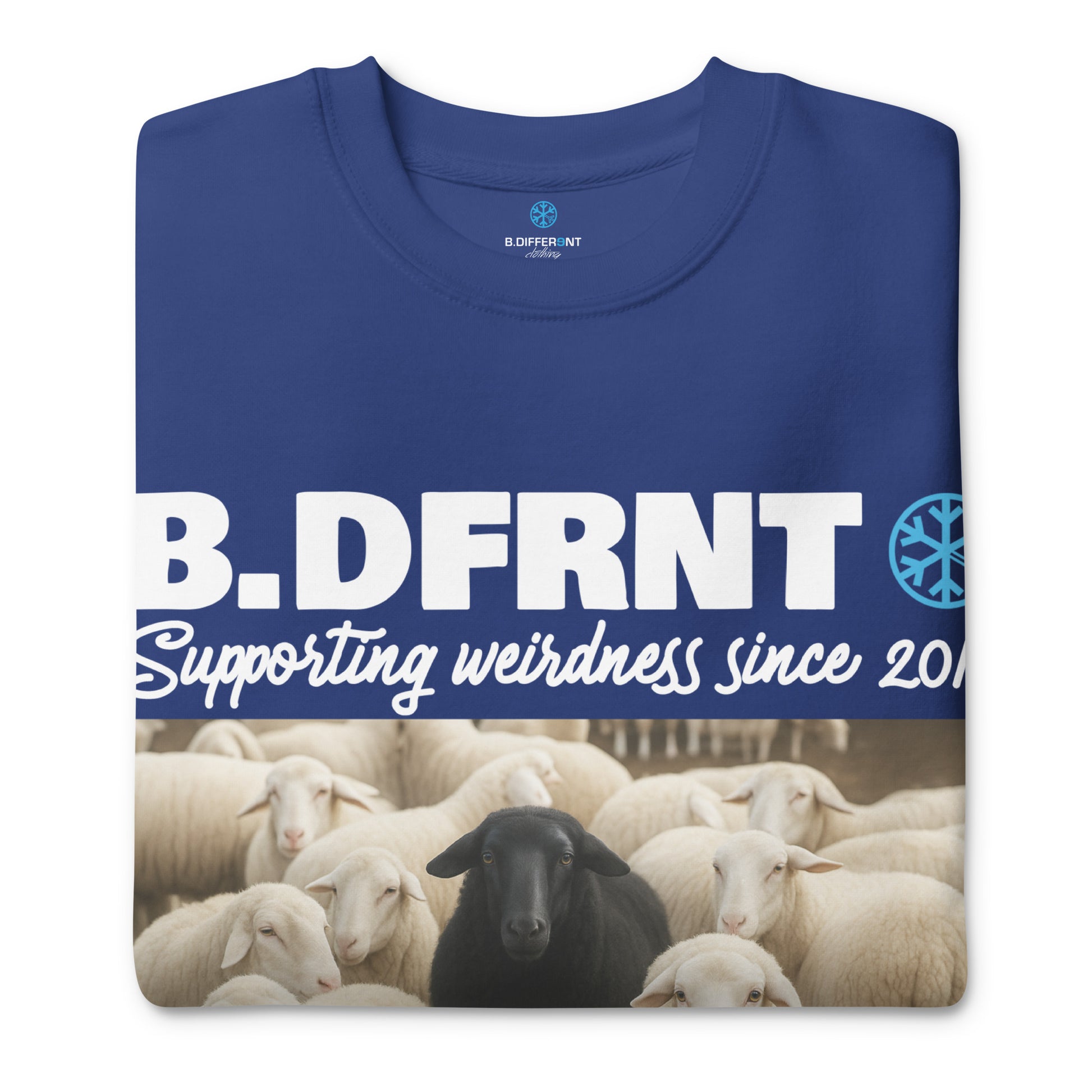 Blue-Black Sheep Sweatshirt from B.Different Clothing, folded, graffiti-inspired streetwear