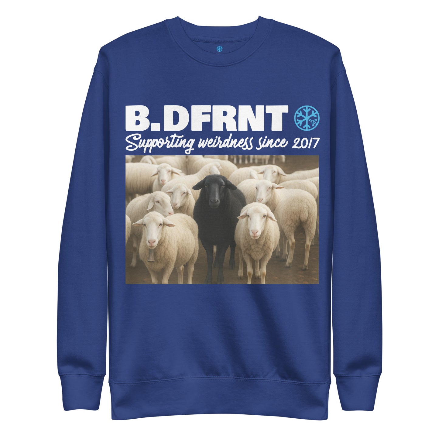 Blue-Black Sheep Sweatshirt from B.Different Clothing, front view, graffiti-inspired streetwear