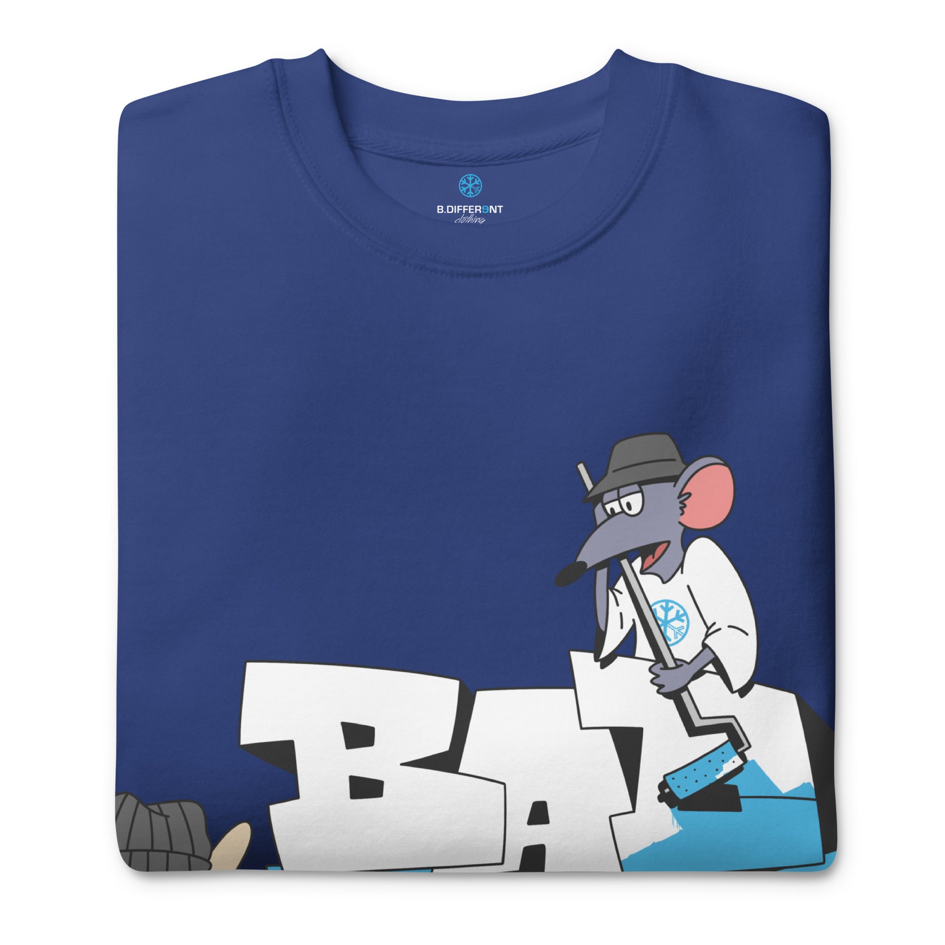 Blue-Bad Boy Graffiti Sweatshirt from B.Different Clothing, folded, graffiti-inspired streetwear
