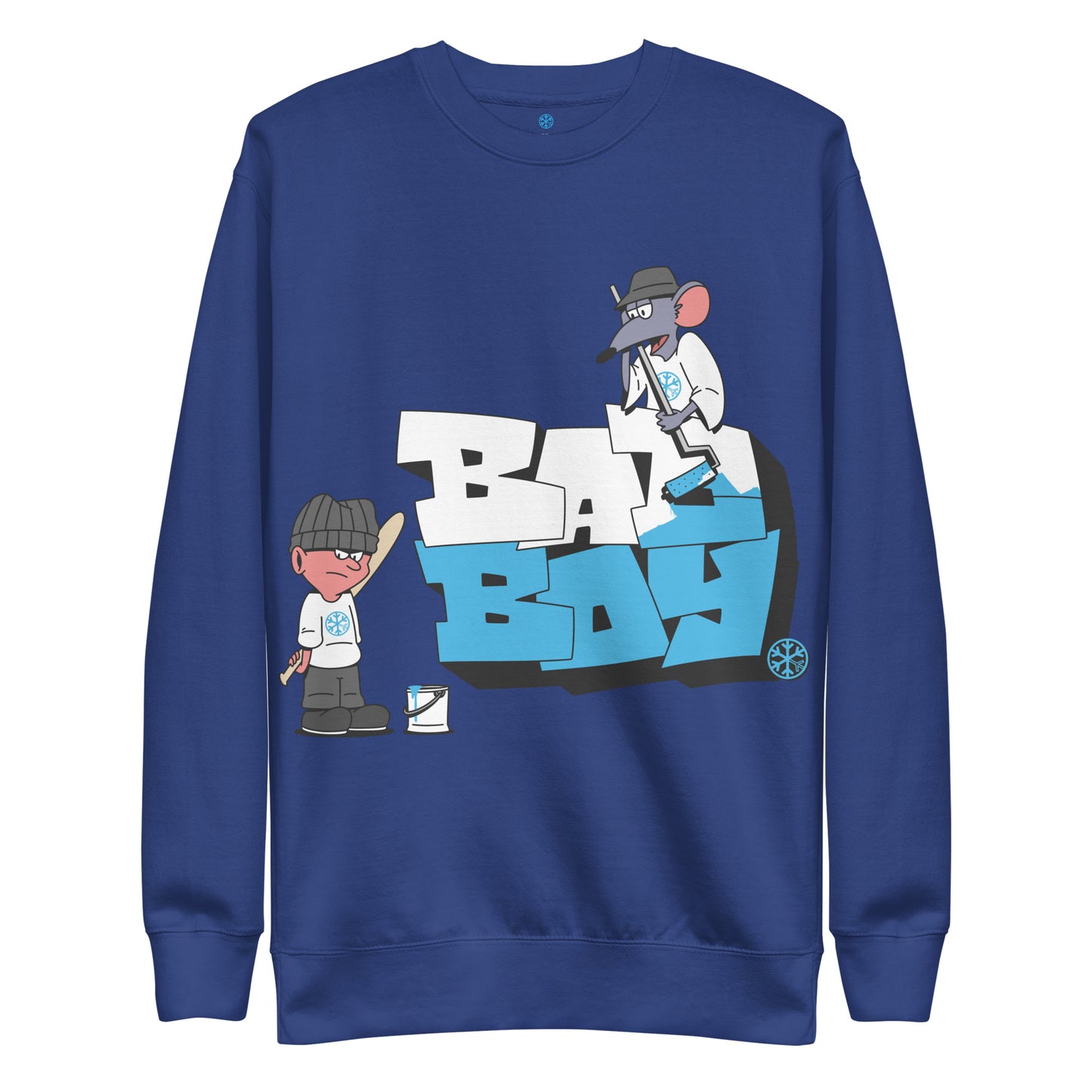 Blue-Bad Boy Graffiti Sweatshirt from B.Different Clothing, front view, graffiti-inspired streetwear