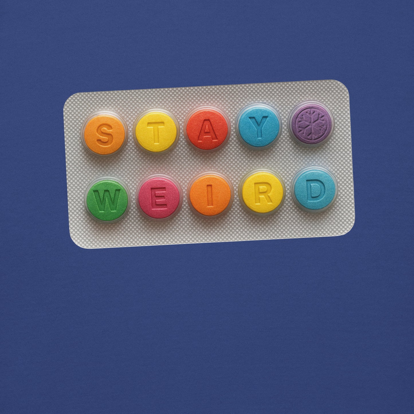 Blue-Stay Weird Pills Sweatshirt from B.Different Clothing, graphic, graffiti-inspired streetwear