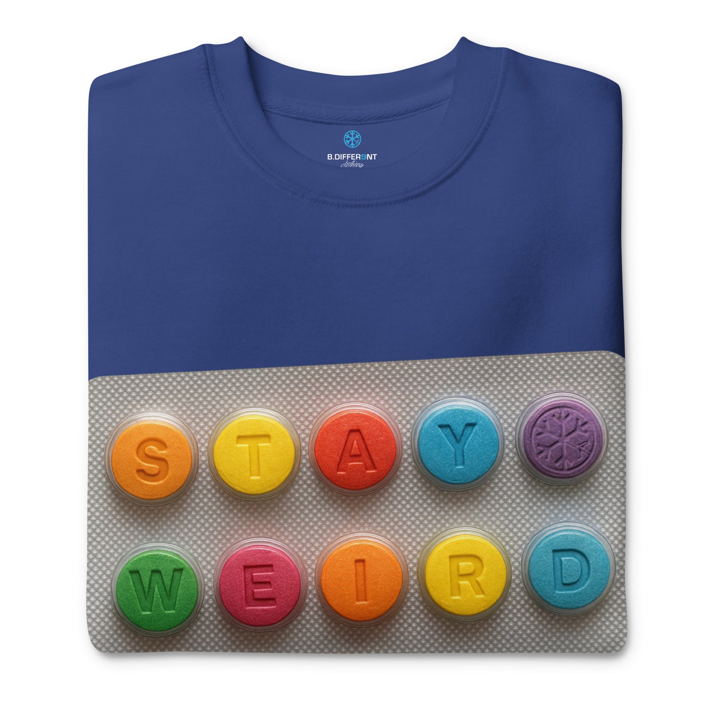 Blue-Stay Weird Pills Sweatshirt from B.Different Clothing, folded, graffiti-inspired streetwear