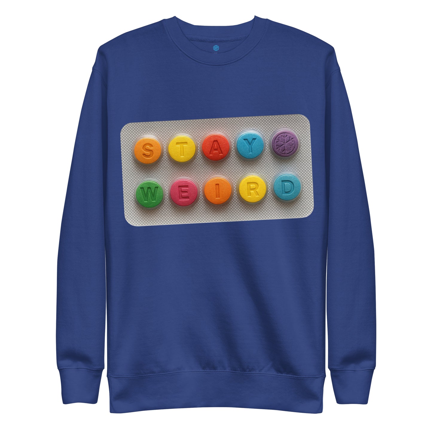 Blue-Stay Weird Pills Sweatshirt from B.Different Clothing, front view, graffiti-inspired streetwear