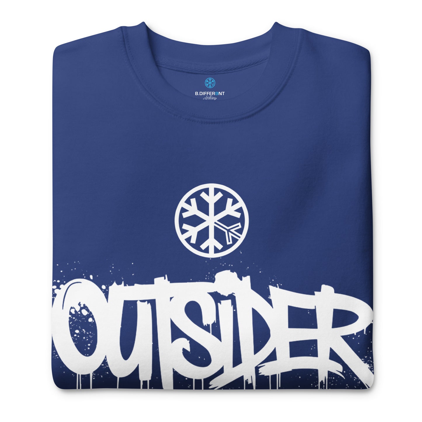 Blue-Outsider Graffiti Tag Sweatshirt from B.Different Clothing, folded, graffiti-inspired streetwear